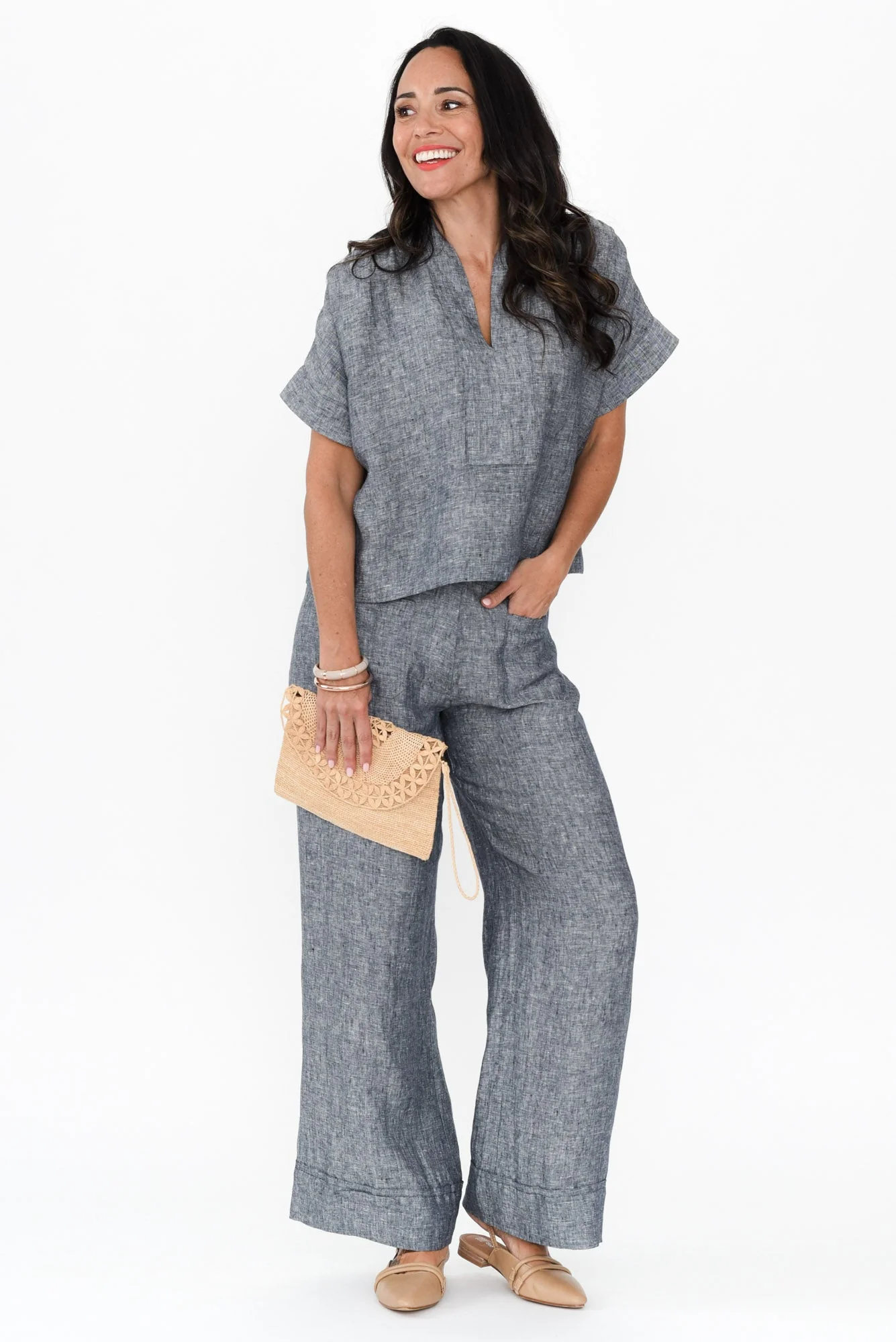 Joss Grey Linen V Neck Top - Image 2