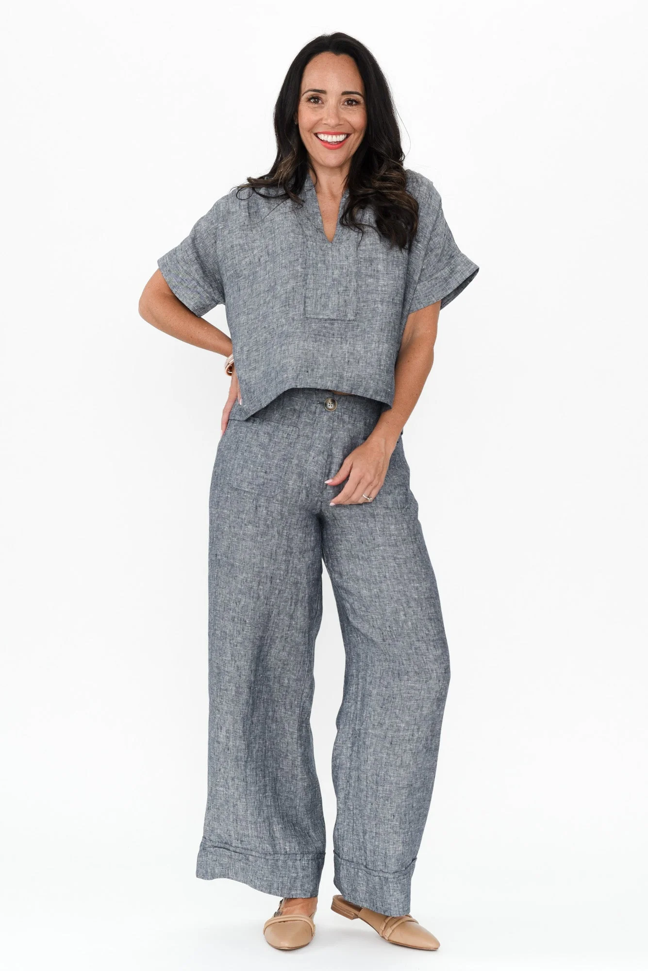 Joss Grey Linen V Neck Top - Image 6