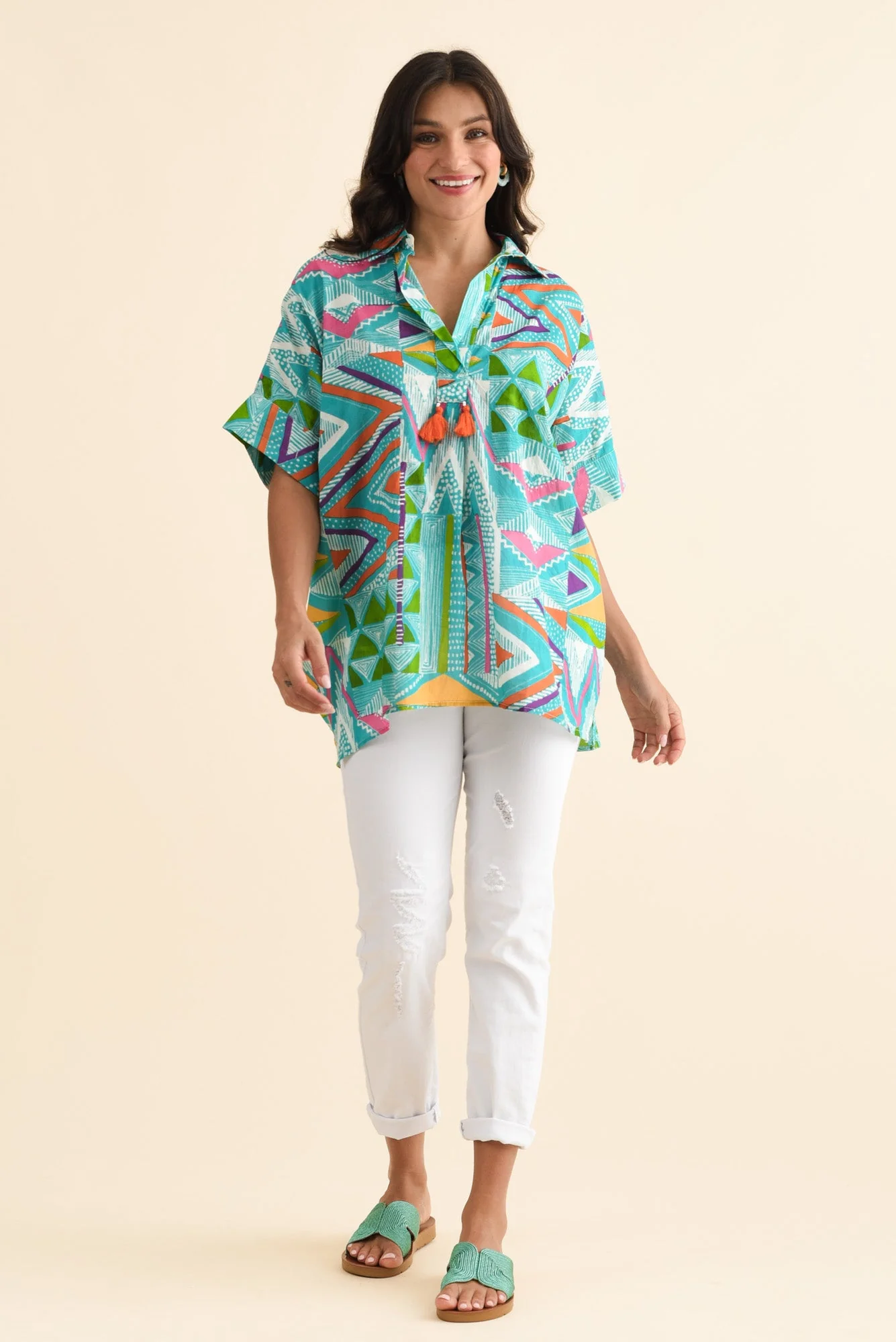 Julie Aqua Abstract Cotton Tassel Top - Image 2