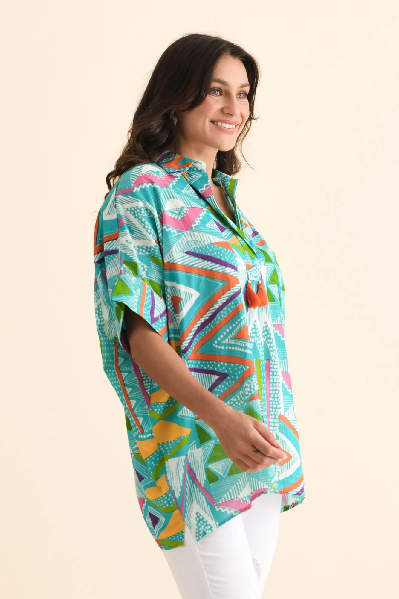 Julie Aqua Abstract Cotton Tassel Top - Image 3