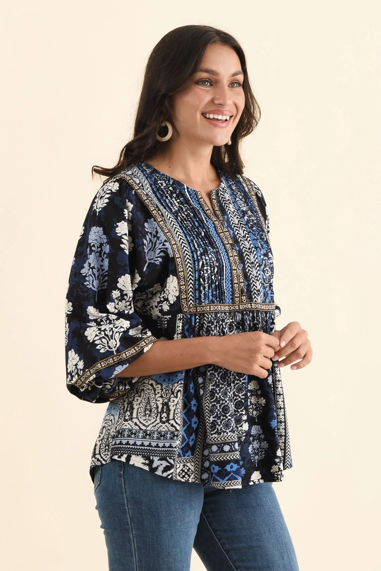Jura Blue Motif Frill Sleeve Top - Image 3