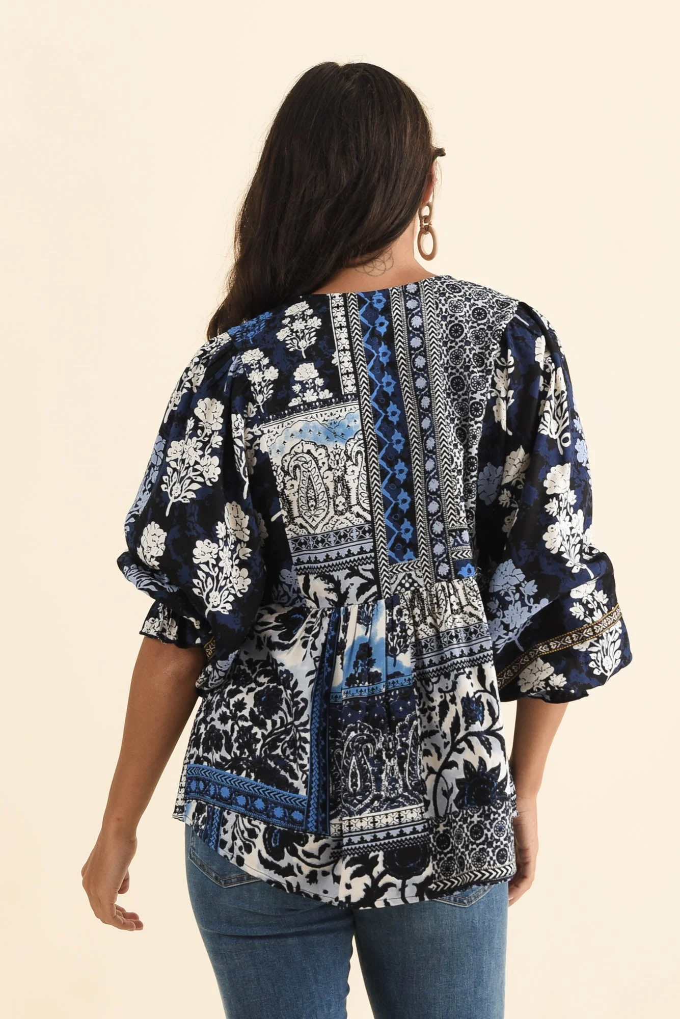 Jura Blue Motif Frill Sleeve Top - Image 4