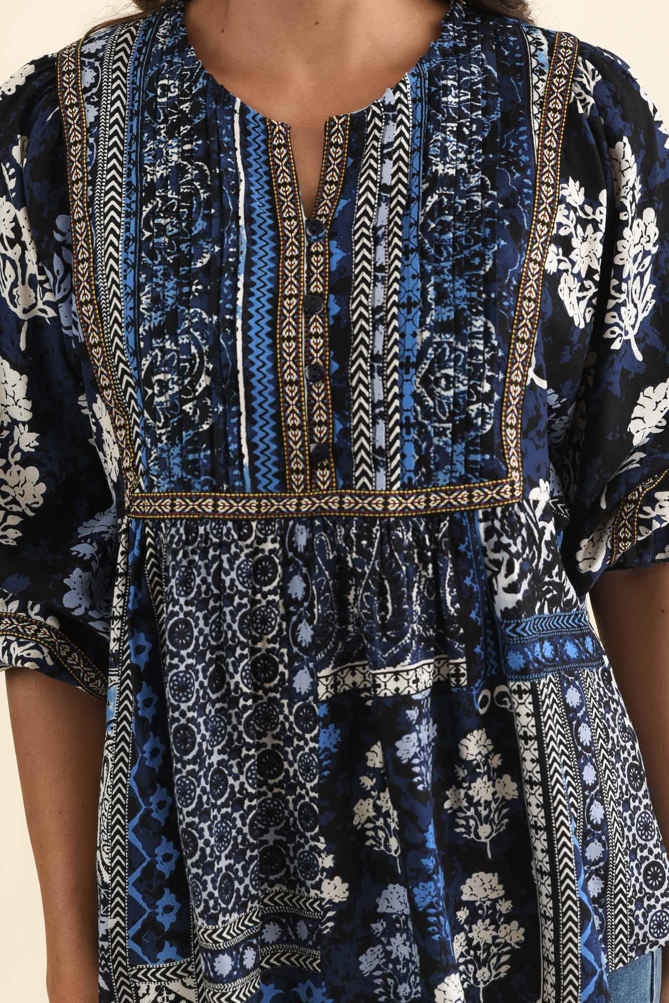 Jura Blue Motif Frill Sleeve Top - Image 5