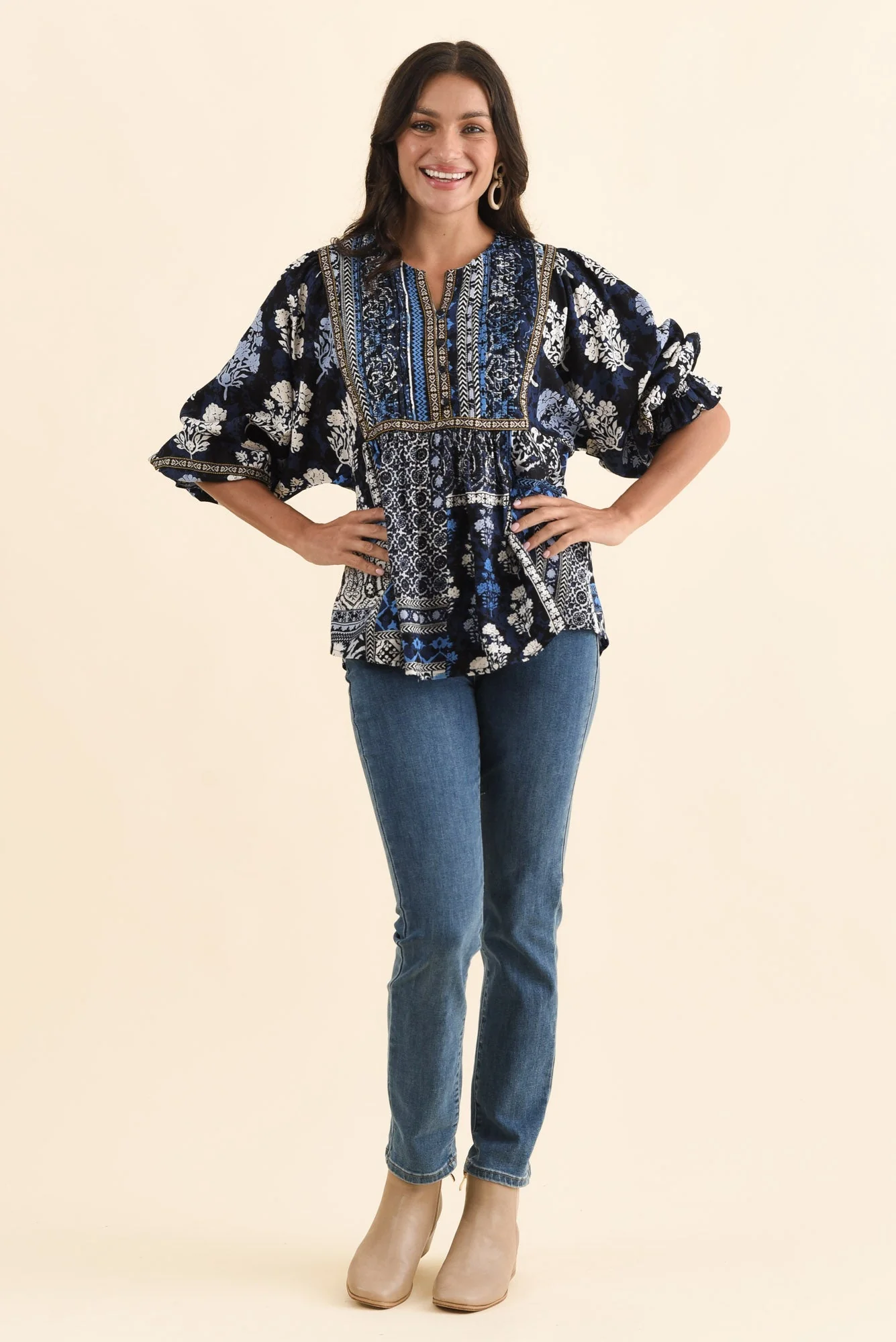 Jura Blue Motif Frill Sleeve Top - Image 6