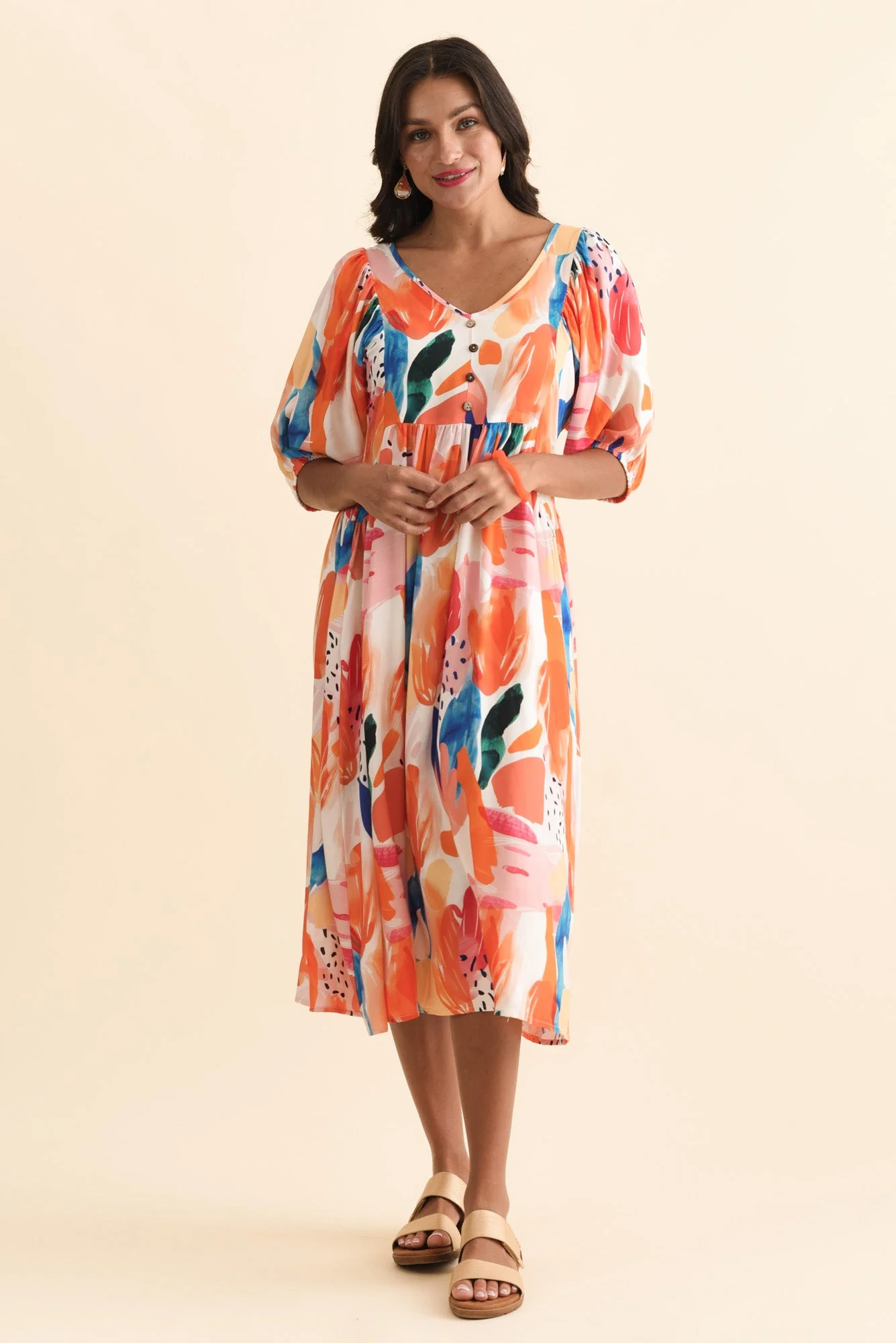 Kacey Orange Abstract Button Dress - Image 2