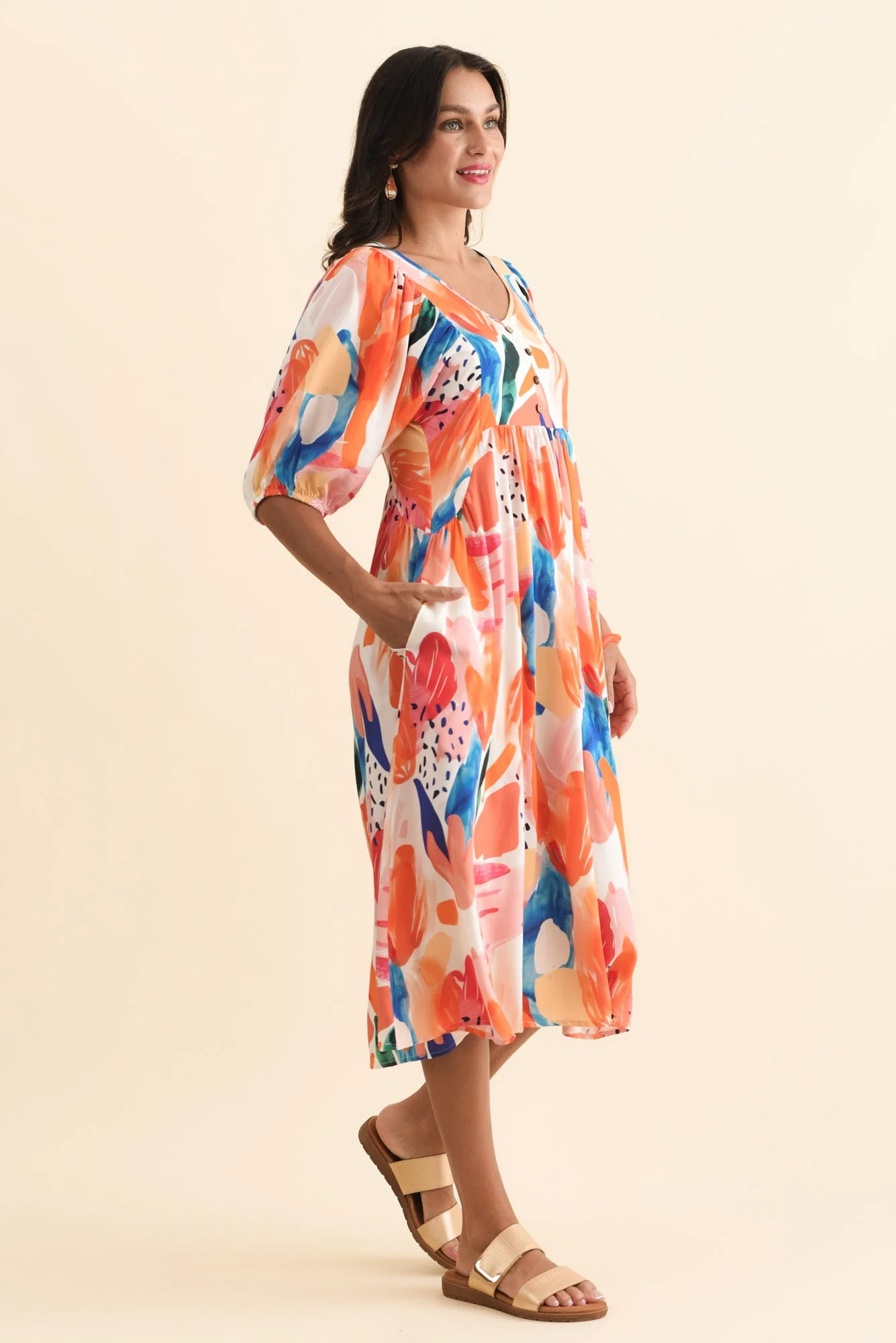 Kacey Orange Abstract Button Dress - Image 3