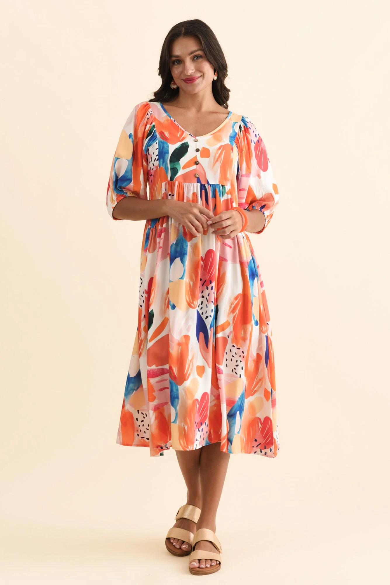 Kacey Orange Abstract Button Dress - Image 6