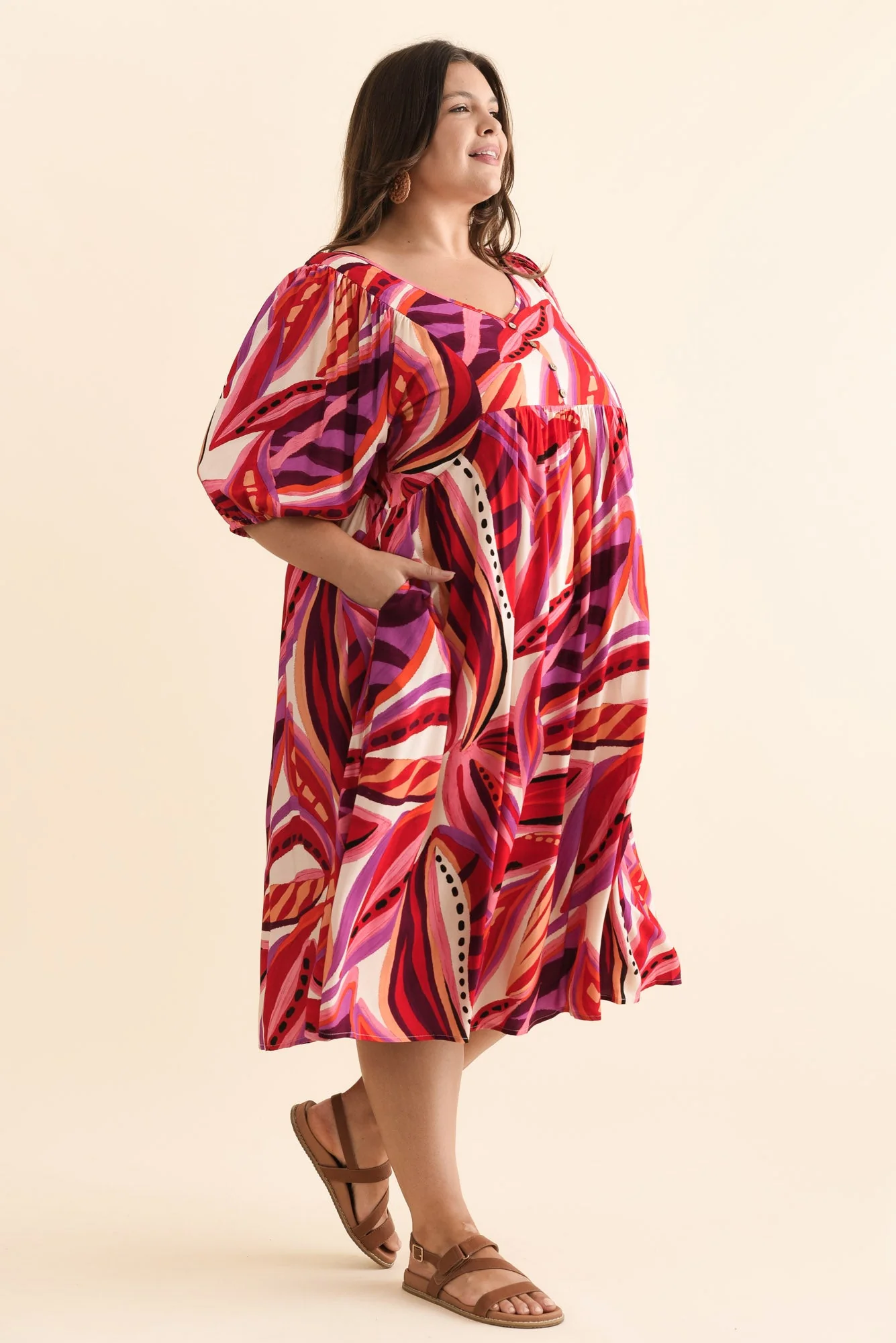 Kacey Pink Leaf Button Dress - Image 10
