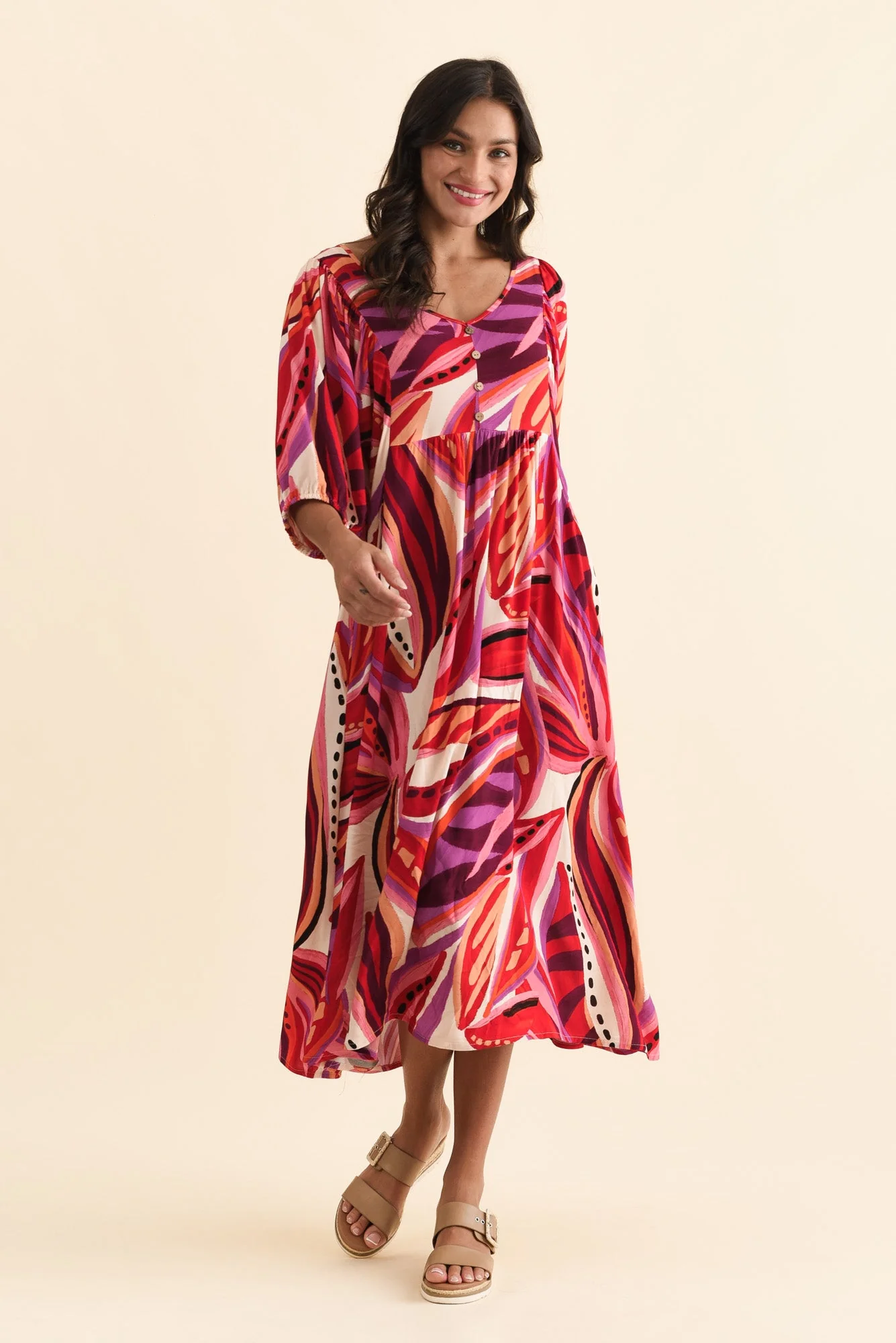 Kacey Pink Leaf Button Dress - Image 2