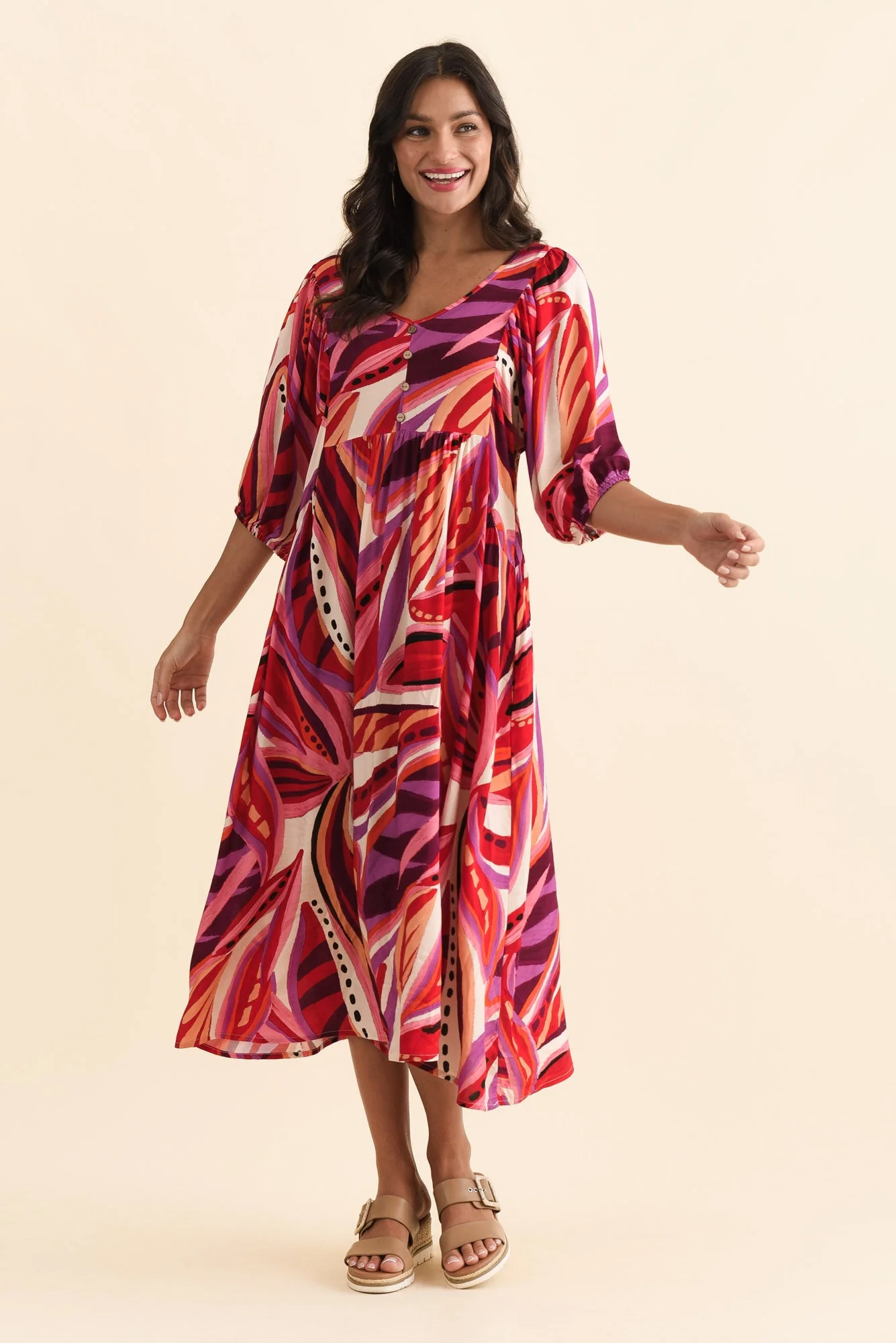 Kacey Pink Leaf Button Dress - Image 3