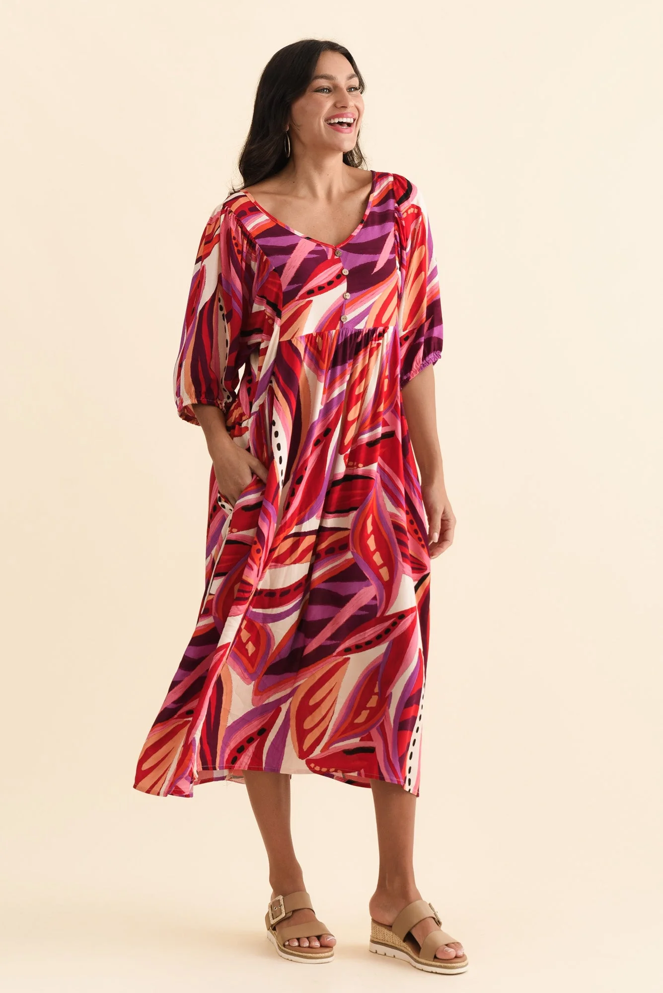 Kacey Pink Leaf Button Dress - Image 4