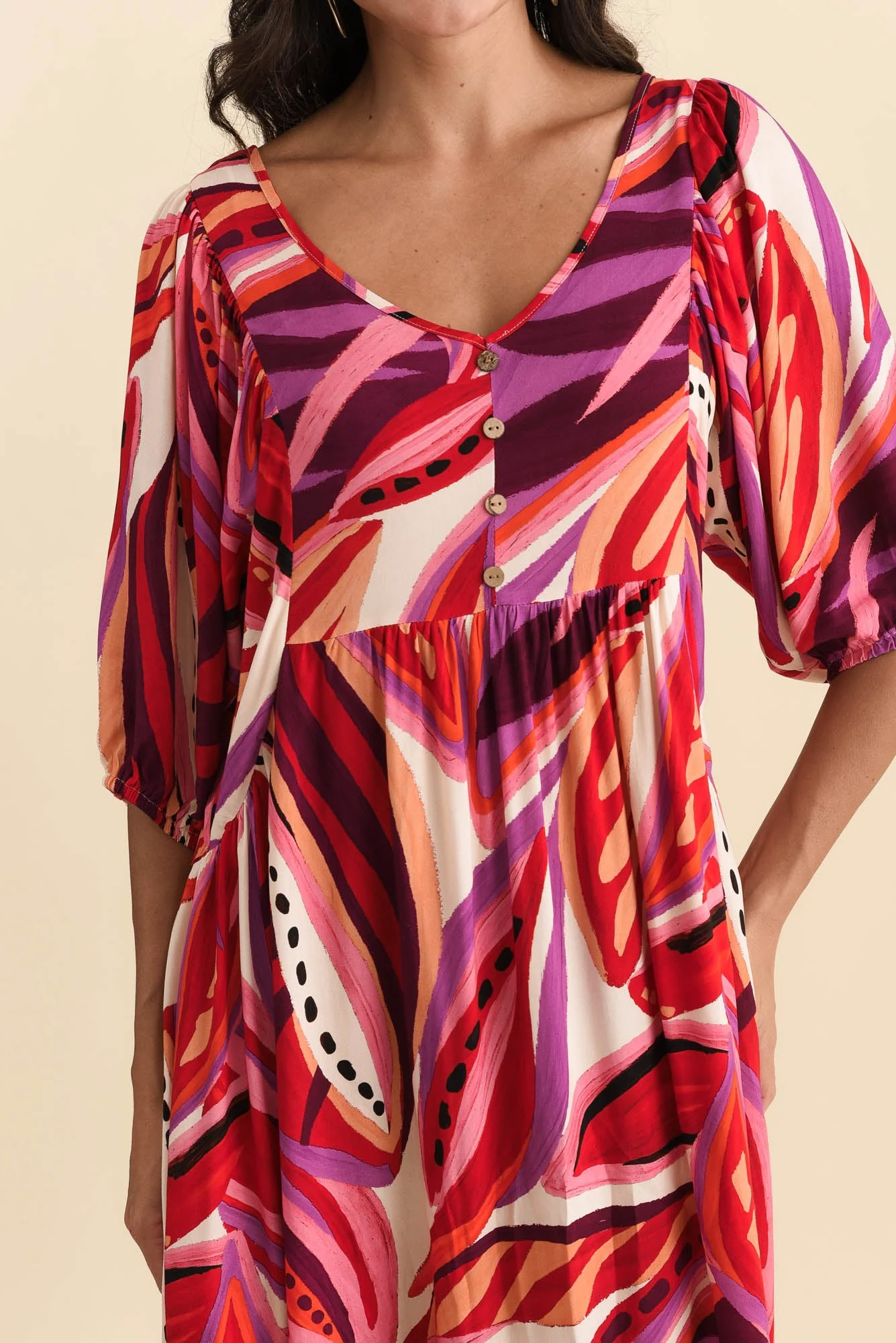 Kacey Pink Leaf Button Dress - Image 6