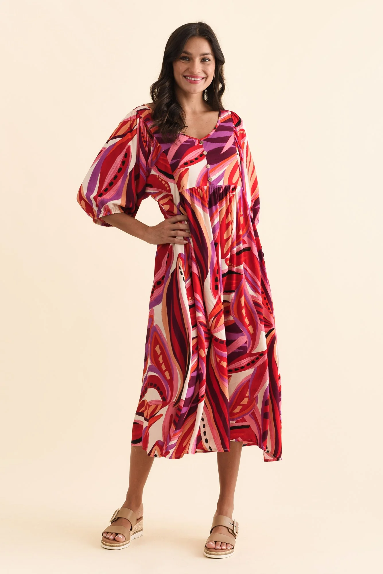 Kacey Pink Leaf Button Dress - Image 7