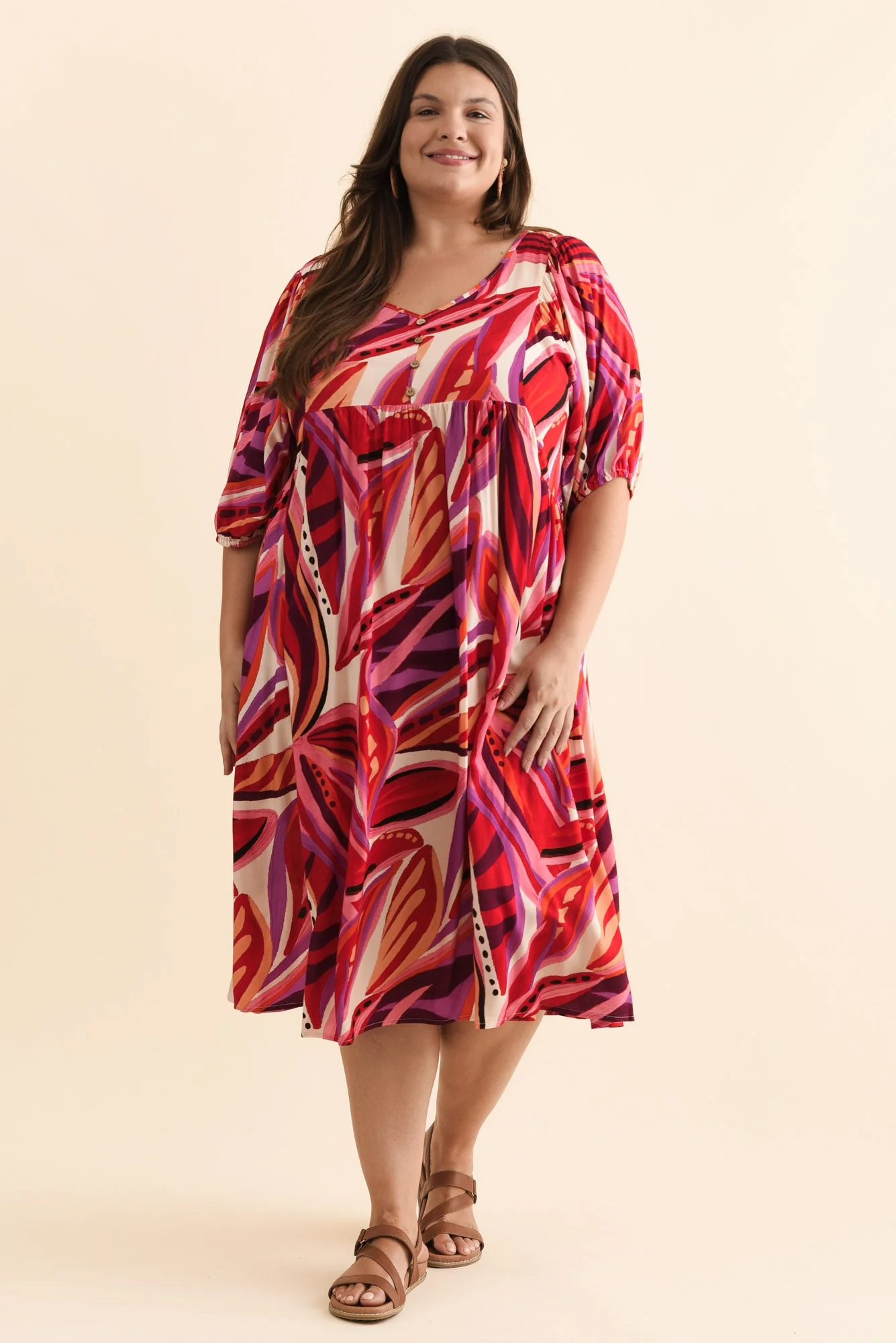 Kacey Pink Leaf Button Dress - Image 8