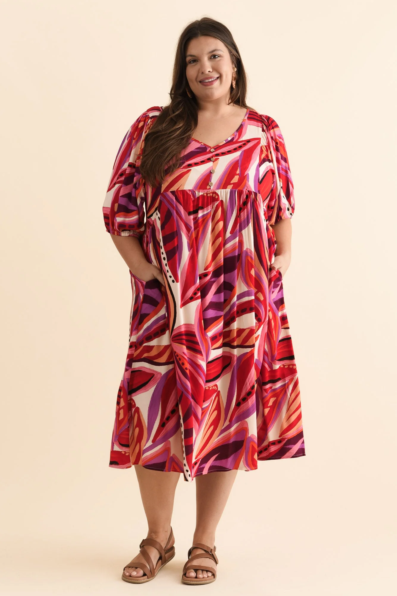 Kacey Pink Leaf Button Dress - Image 9