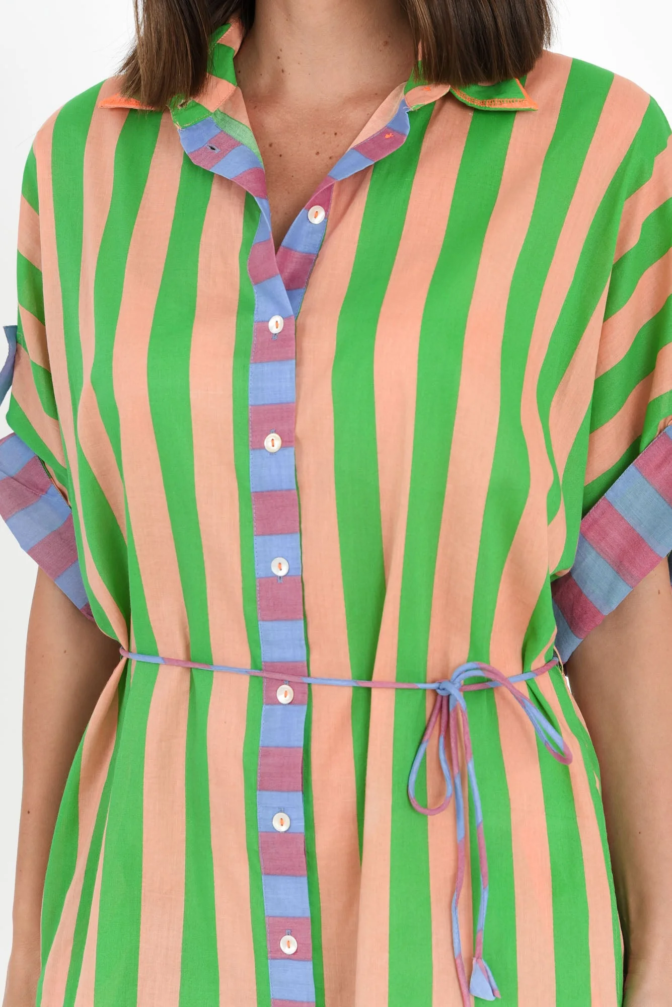 Kalinda Green Stripe Cotton Shirt Dress - Image 5