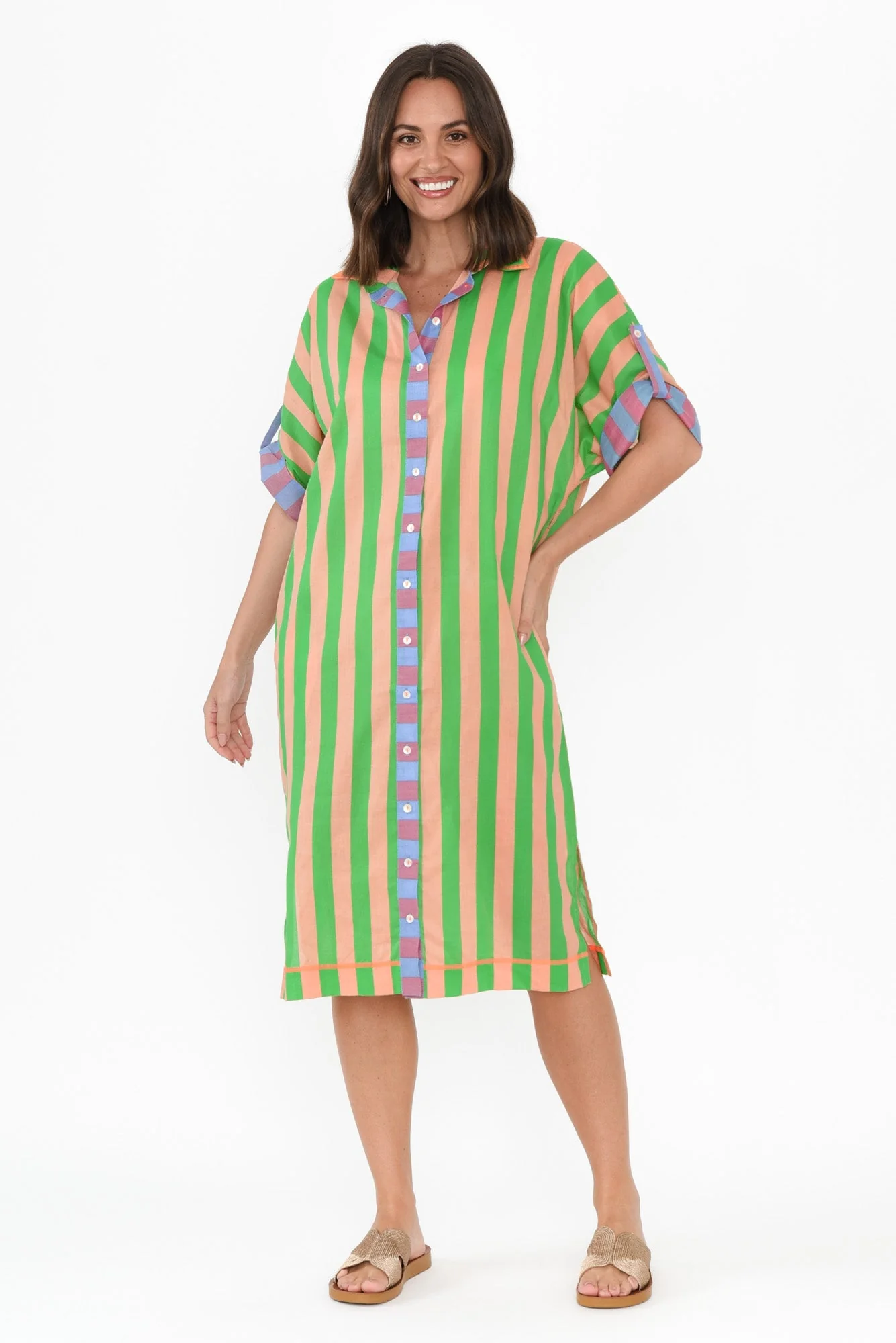 Kalinda Green Stripe Cotton Shirt Dress - Image 6