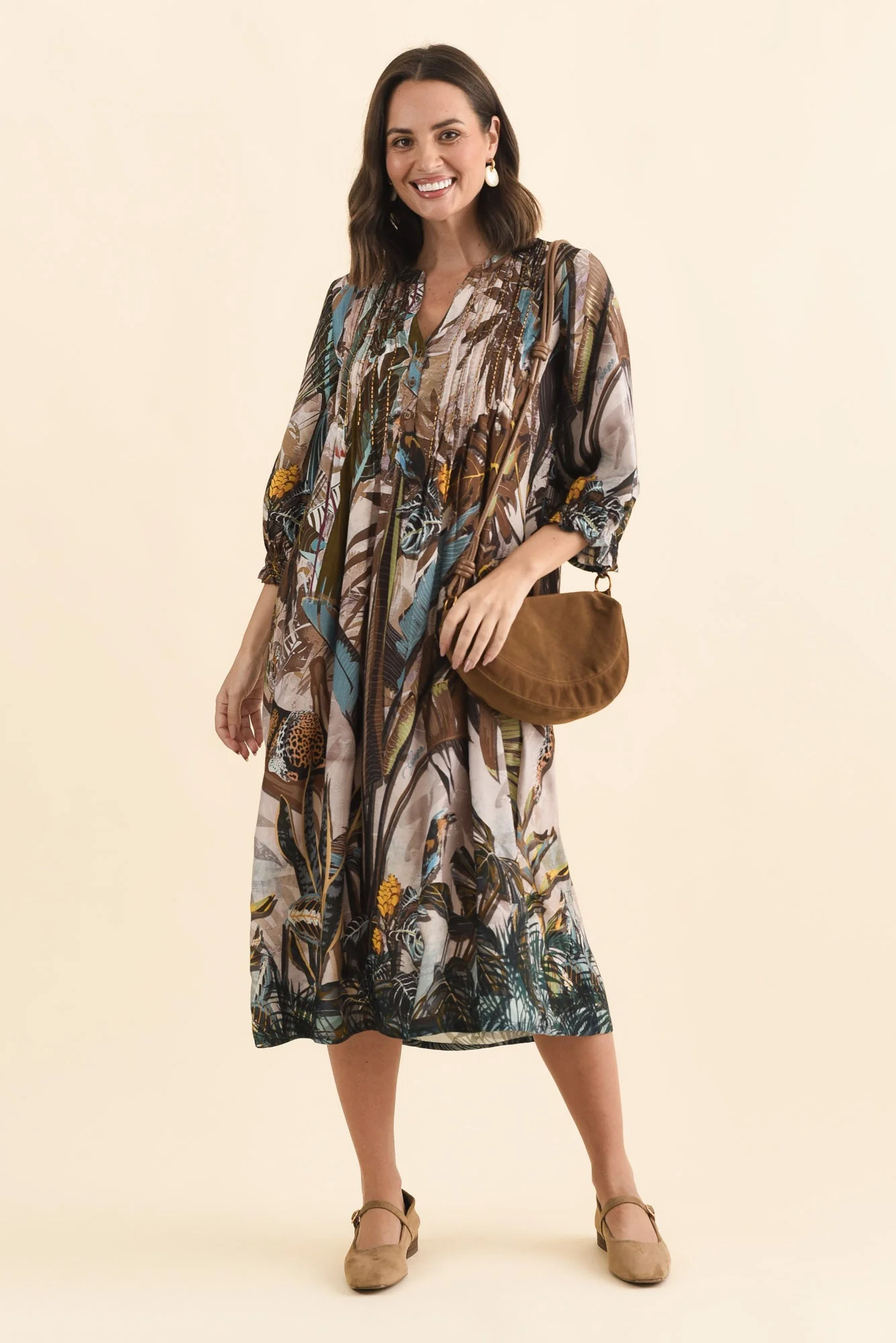 Kalmia Brown Jungle Pleated Tie Dress - Image 2