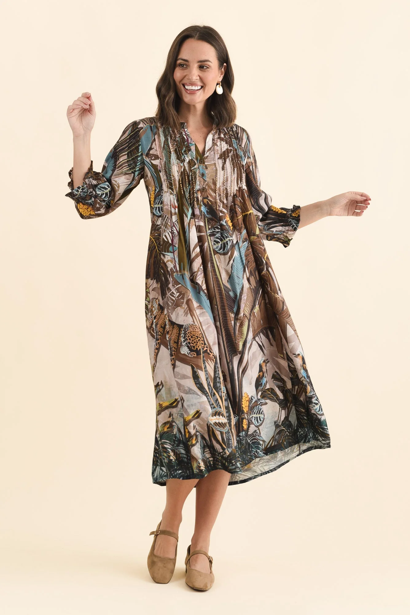 Kalmia Brown Jungle Pleated Tie Dress - Image 3
