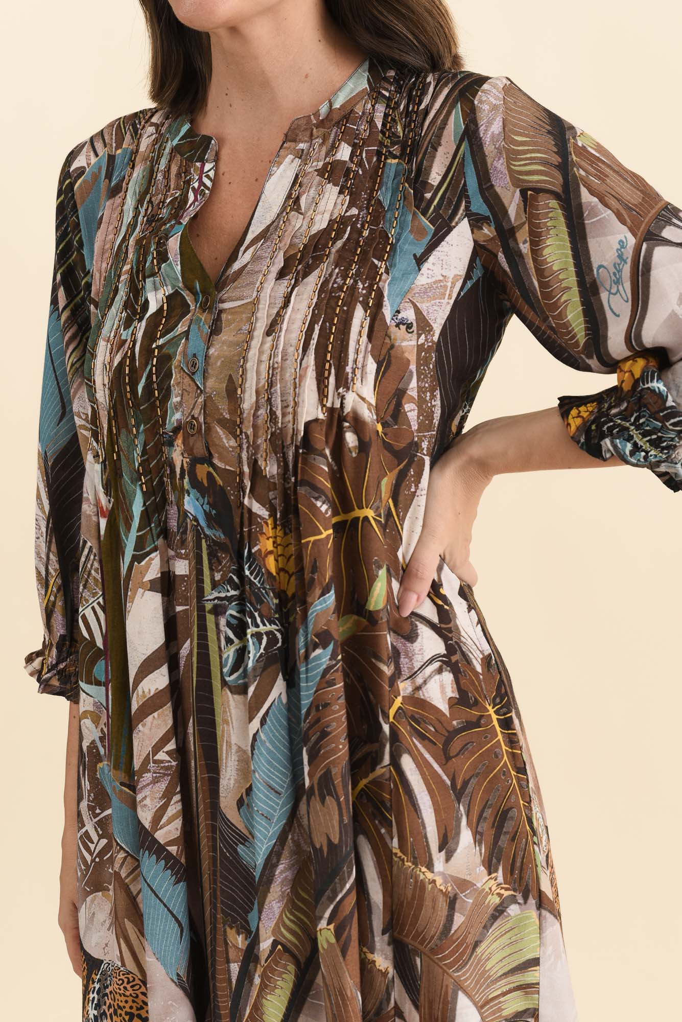 Kalmia Brown Jungle Pleated Tie Dress - Image 6