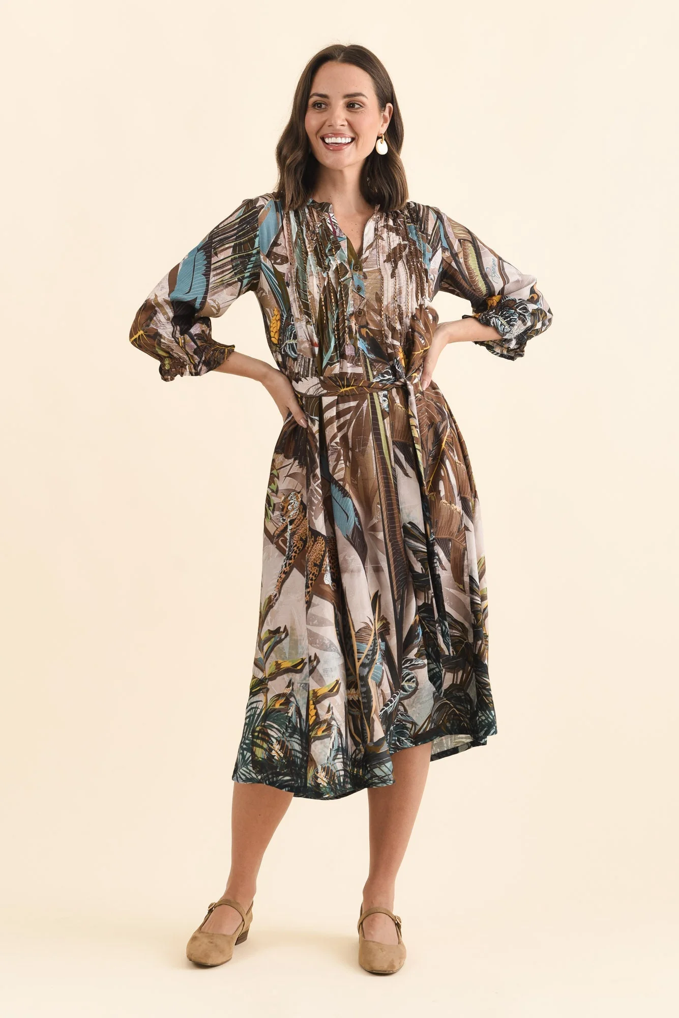 Kalmia Brown Jungle Pleated Tie Dress - Image 7