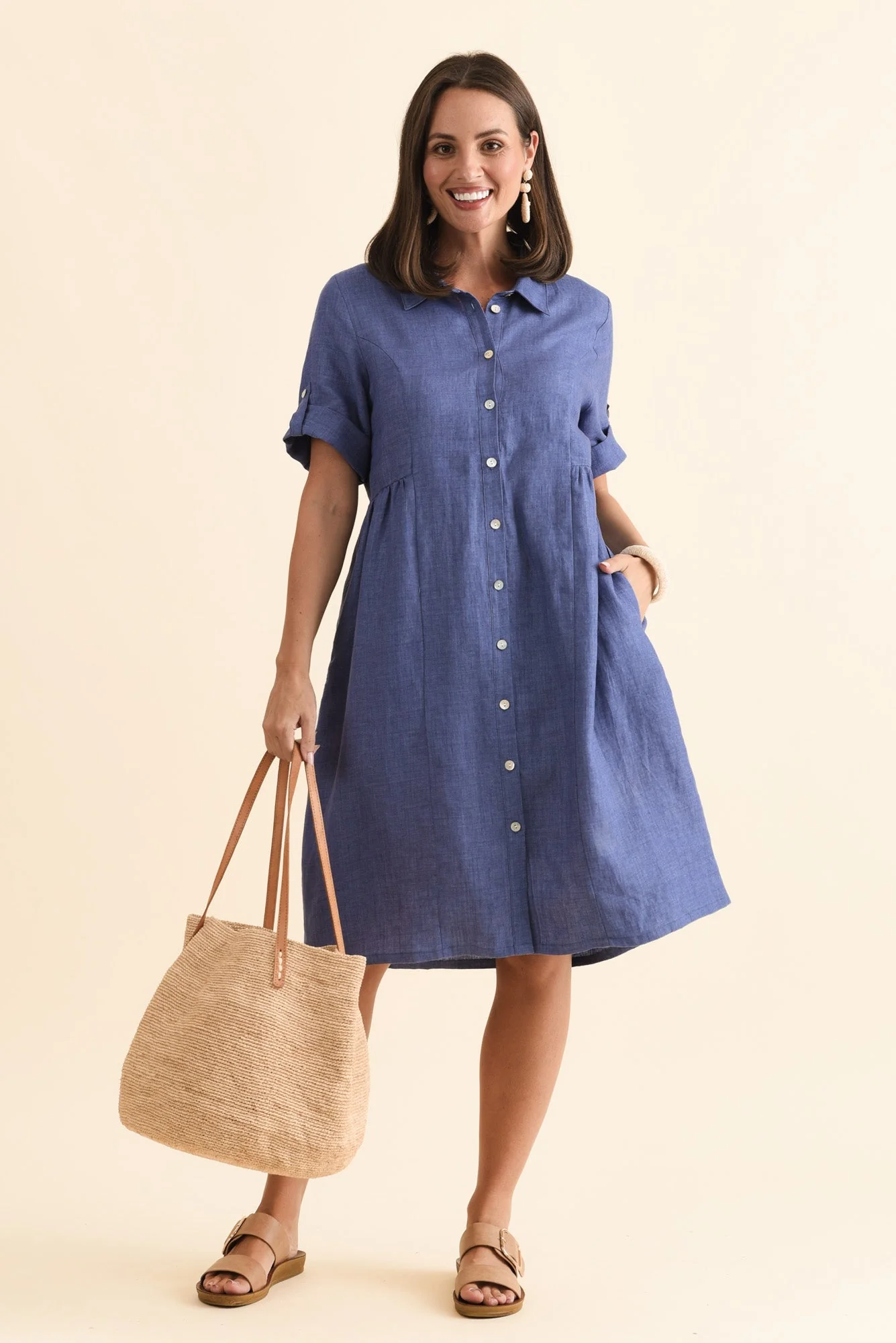 Katy Blue Linen Pocket Dress - Image 2