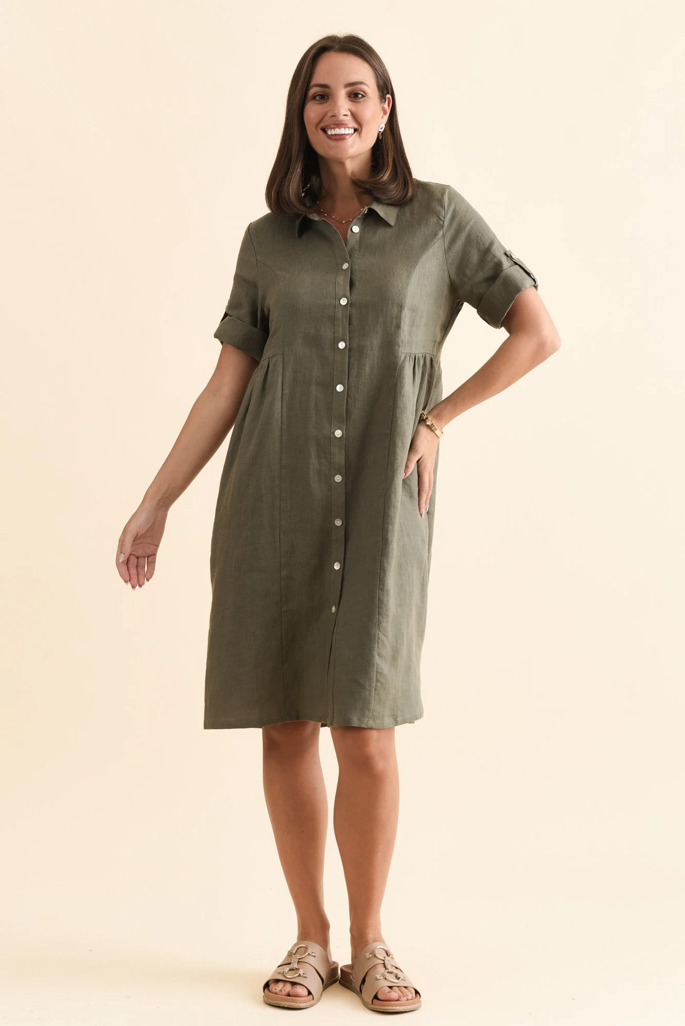 Katy Olive Linen Pocket Dress - Image 2
