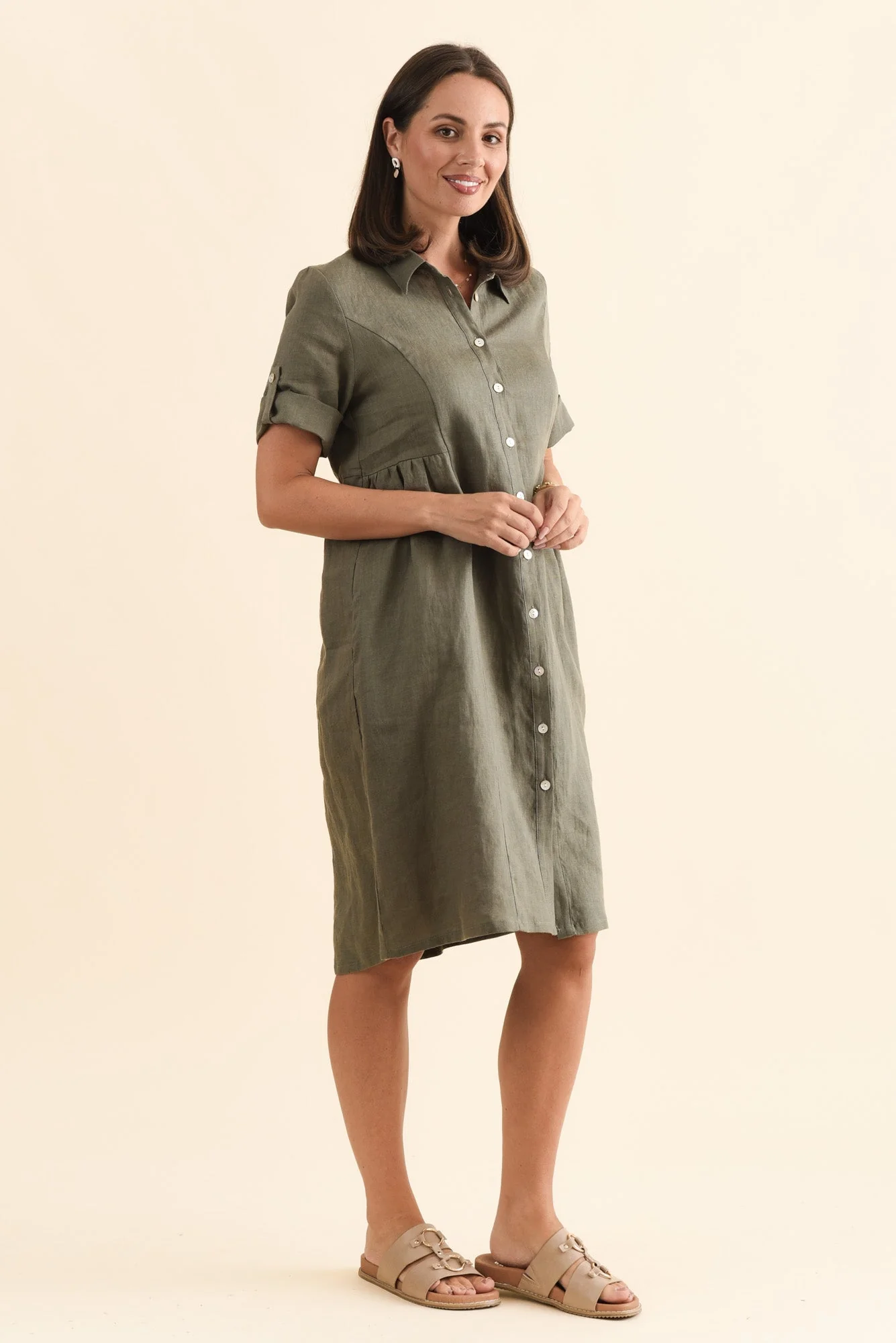 Katy Olive Linen Pocket Dress - Image 3