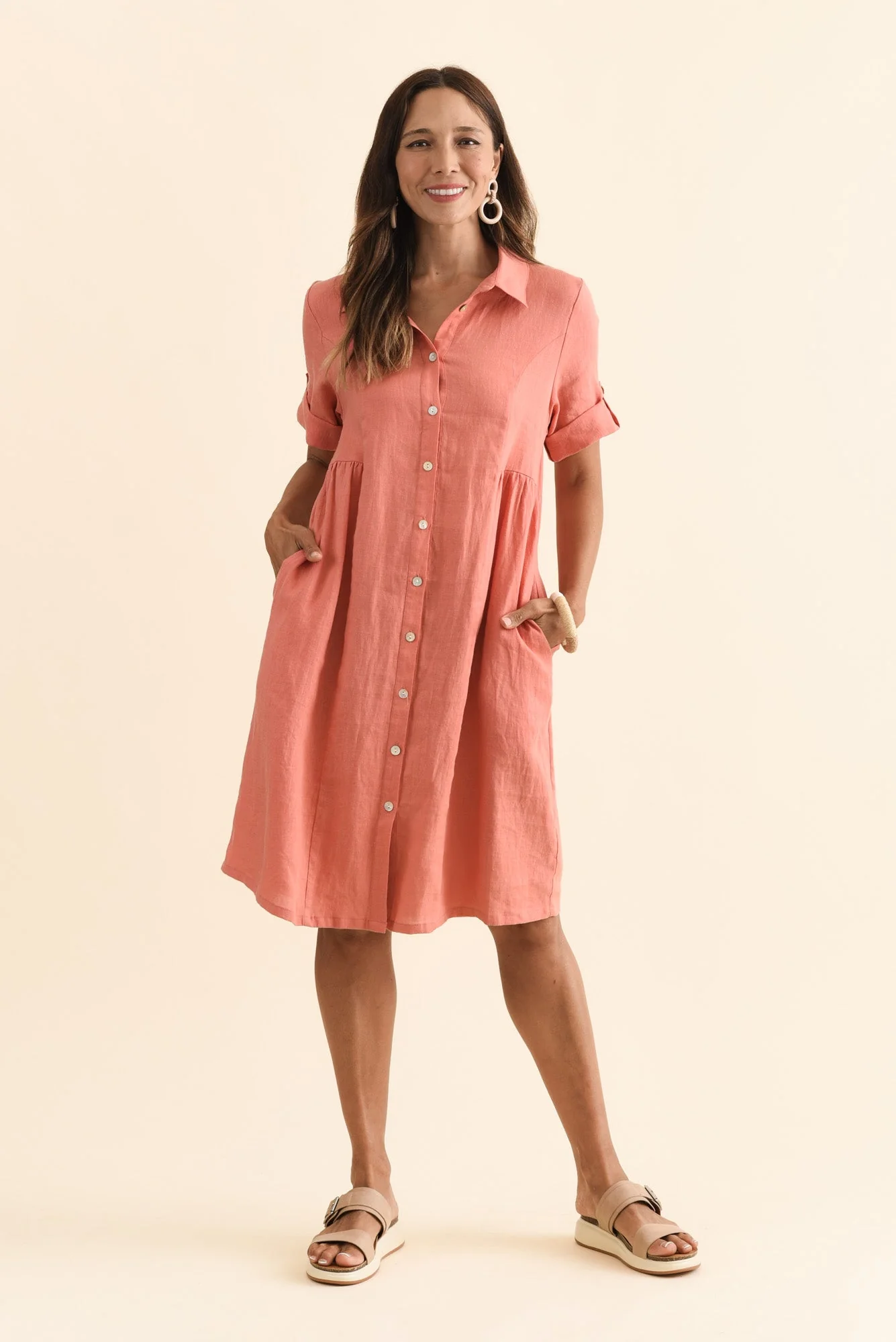 Katy Orange Linen Pocket Dress - Image 2