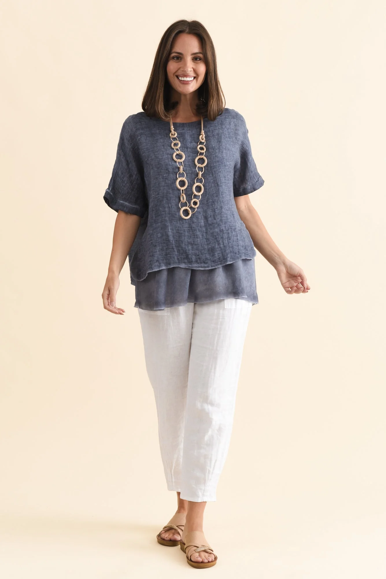 Kayla Dark Blue Linen Layered Top - Image 2