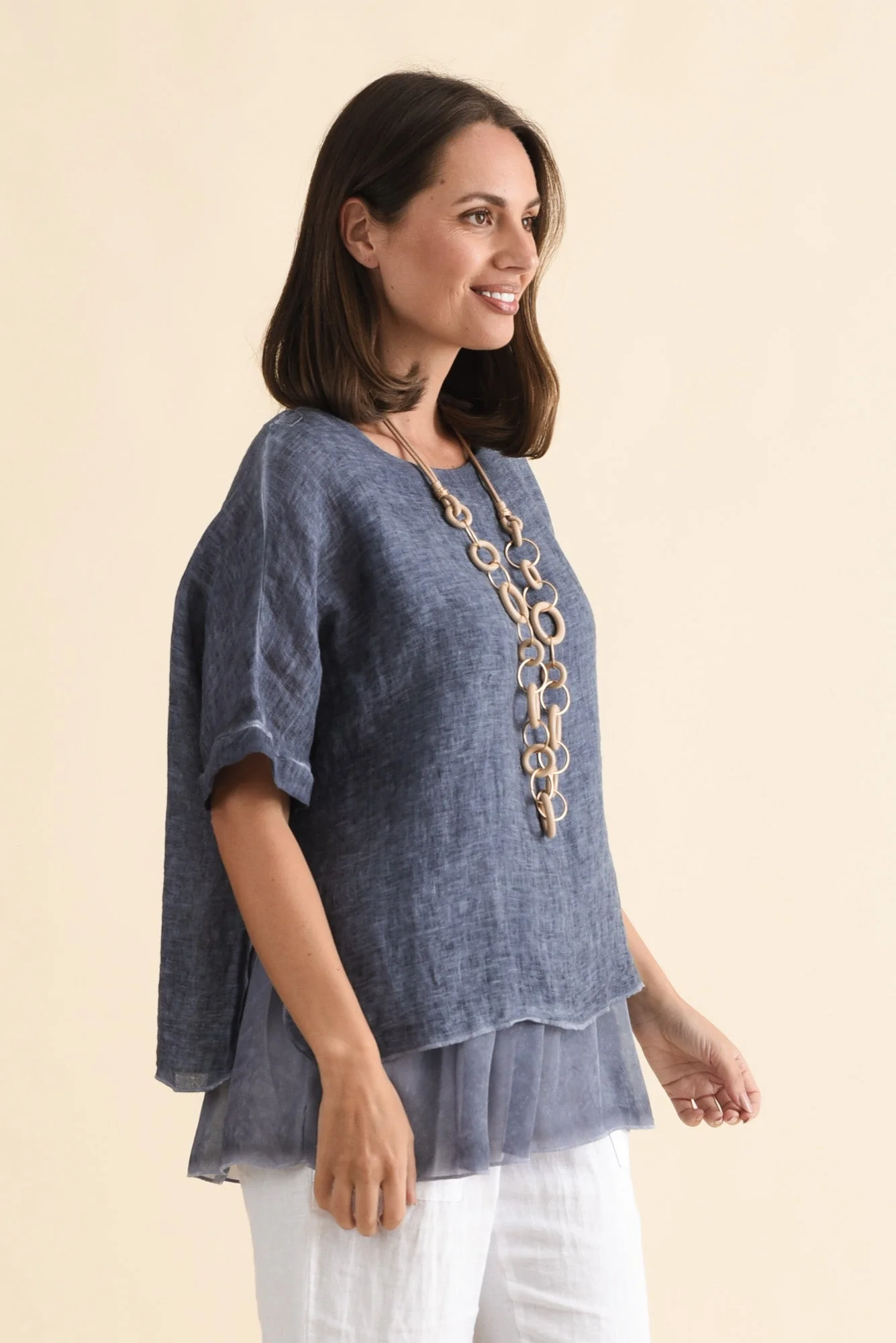 Kayla Dark Blue Linen Layered Top - Image 3
