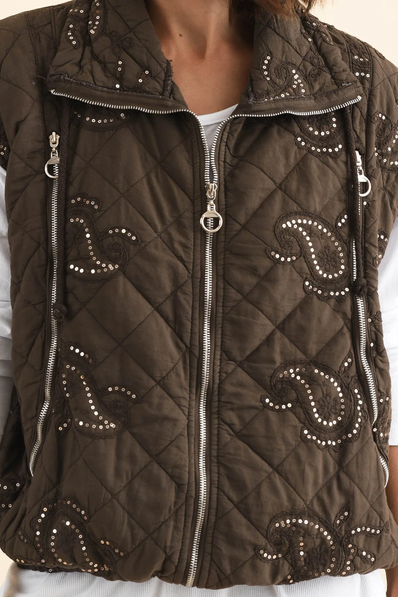 Kaylani Chocolate Sequin Quilted Vest - Image 5