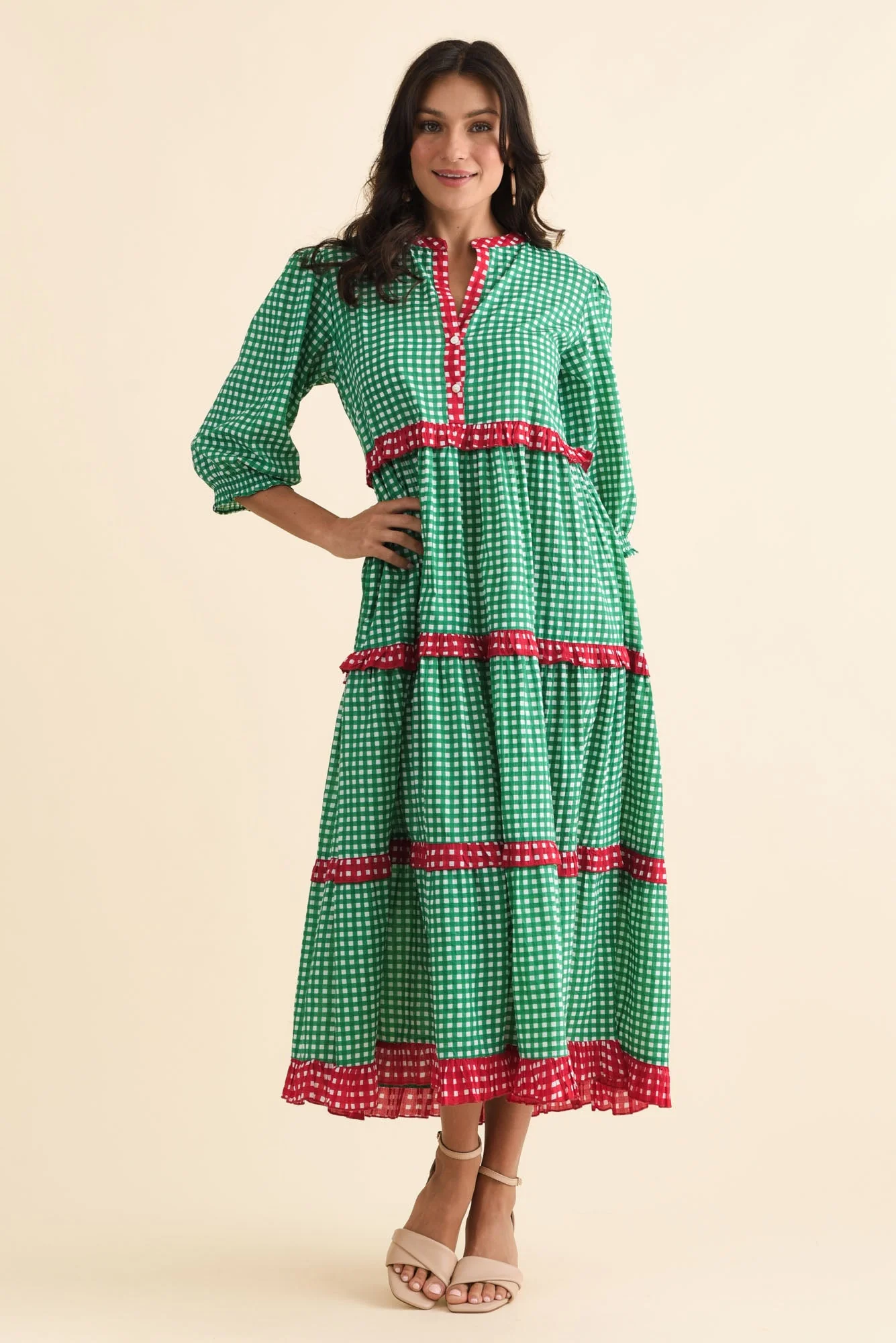 Kesia Green Spot Cotton Tier Dress - Image 2