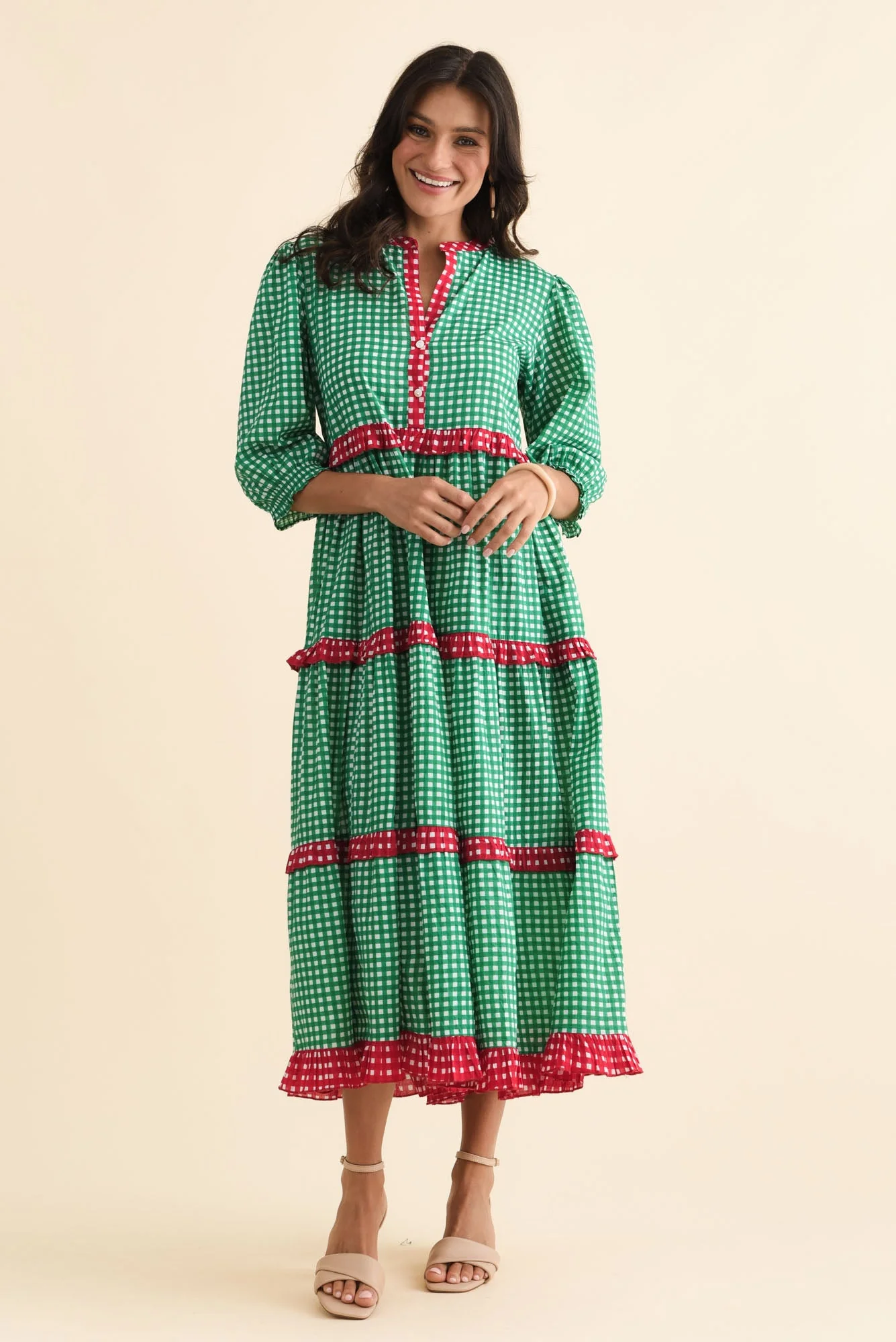 Kesia Green Spot Cotton Tier Dress - Image 3