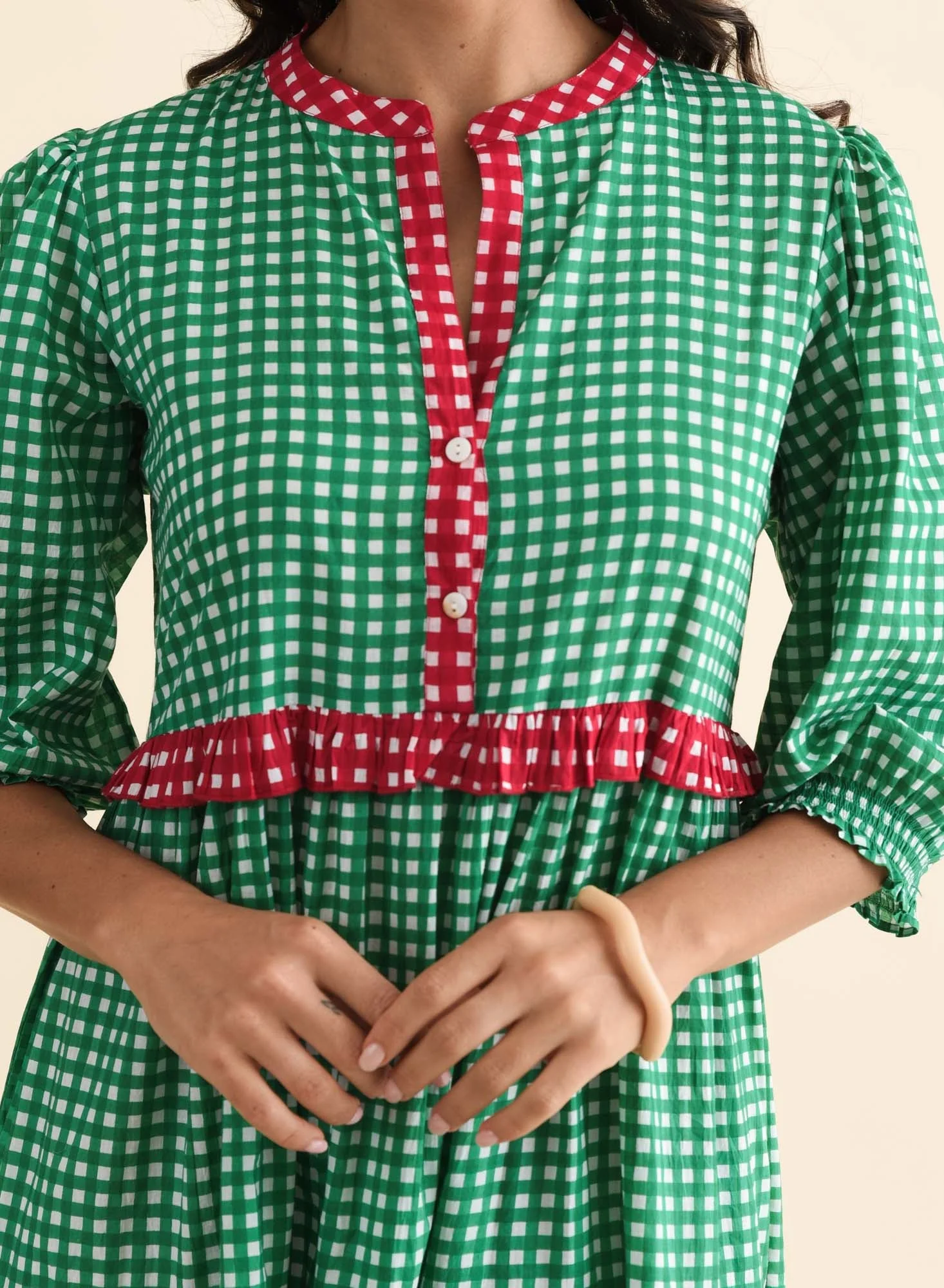 Kesia Green Spot Cotton Tier Dress - Image 6