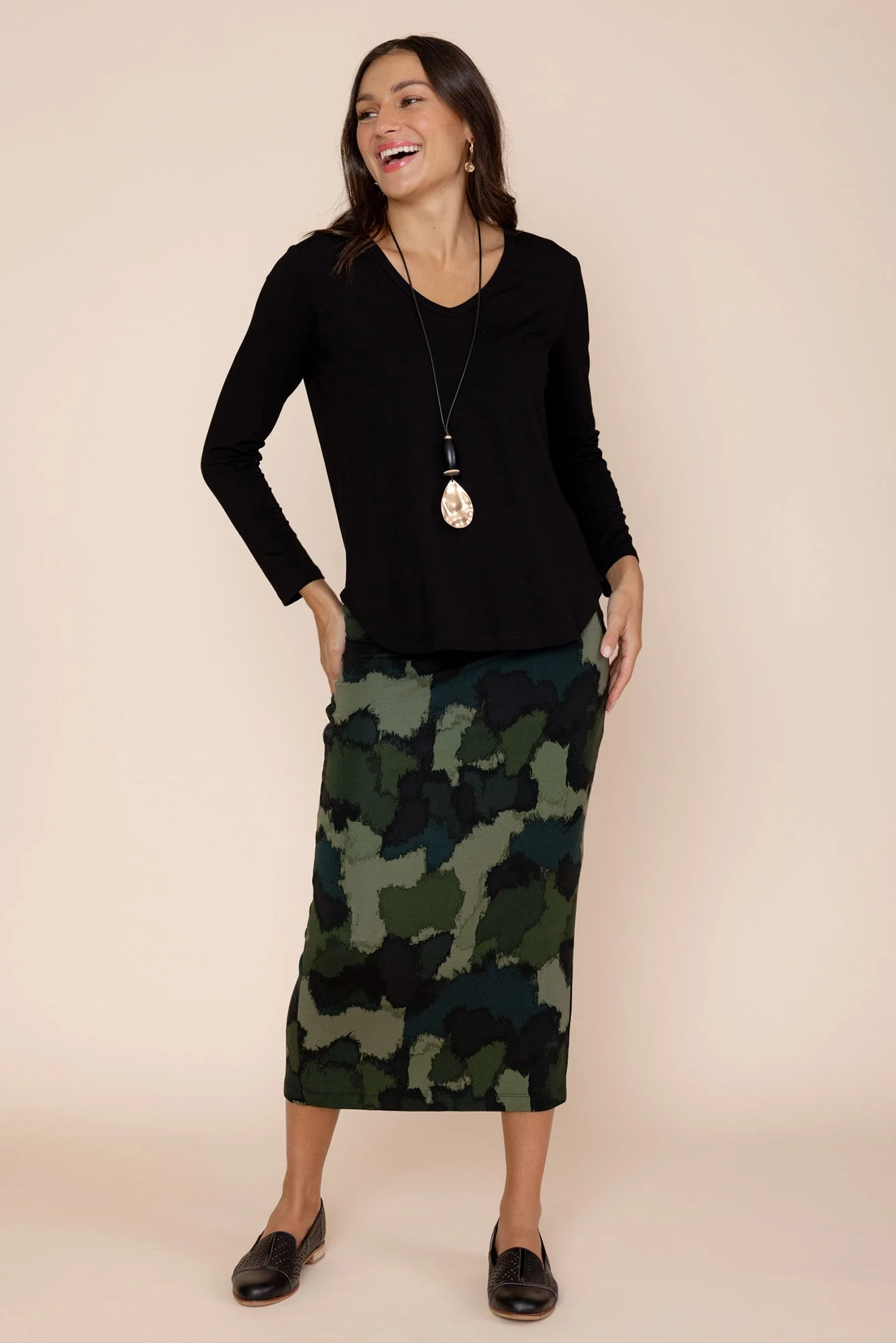 Khaki Camouflage Bamboo Maxi Tube Skirt - Image 2