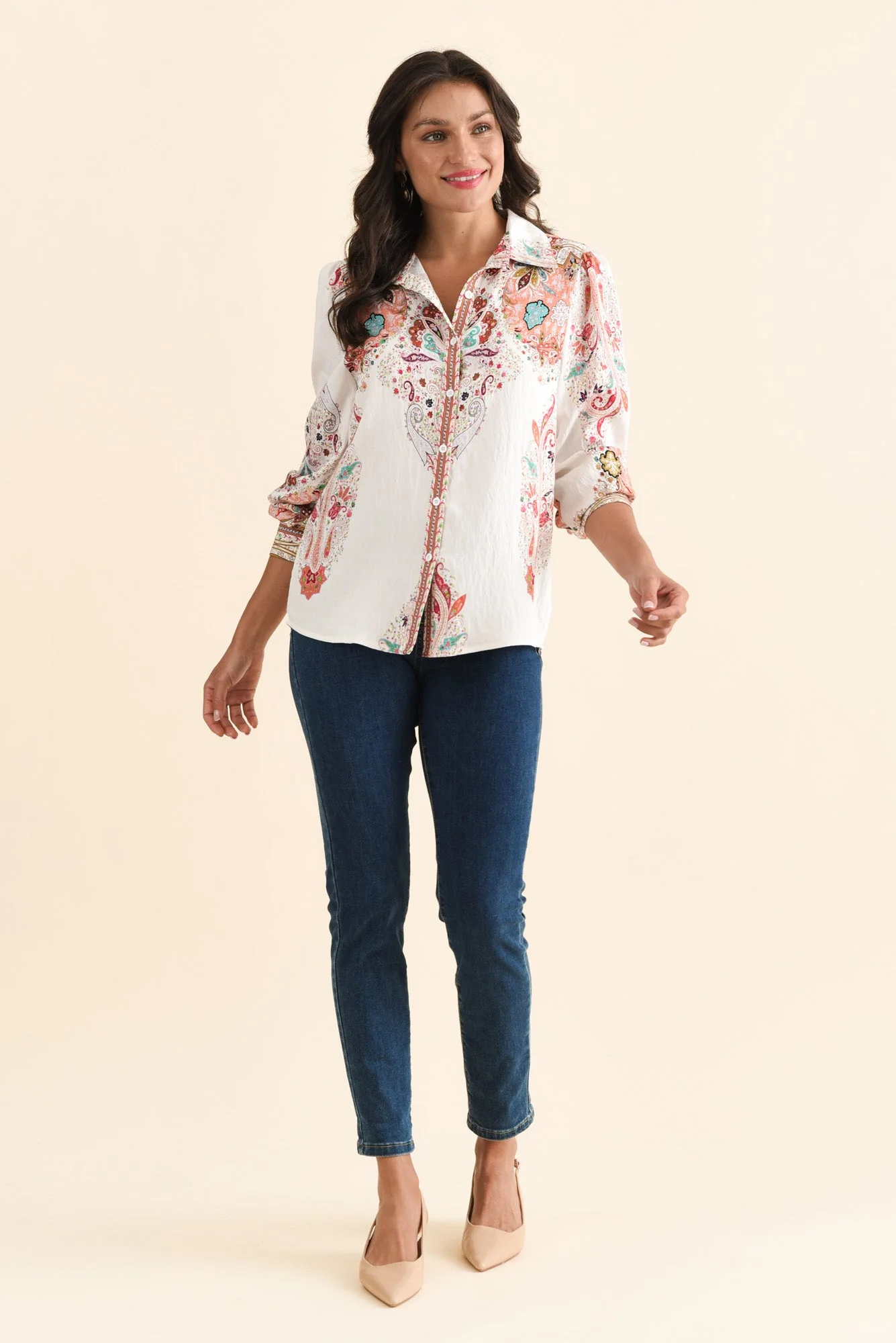 Kiera White Paisley Cotton Linen Shirt - Image 2