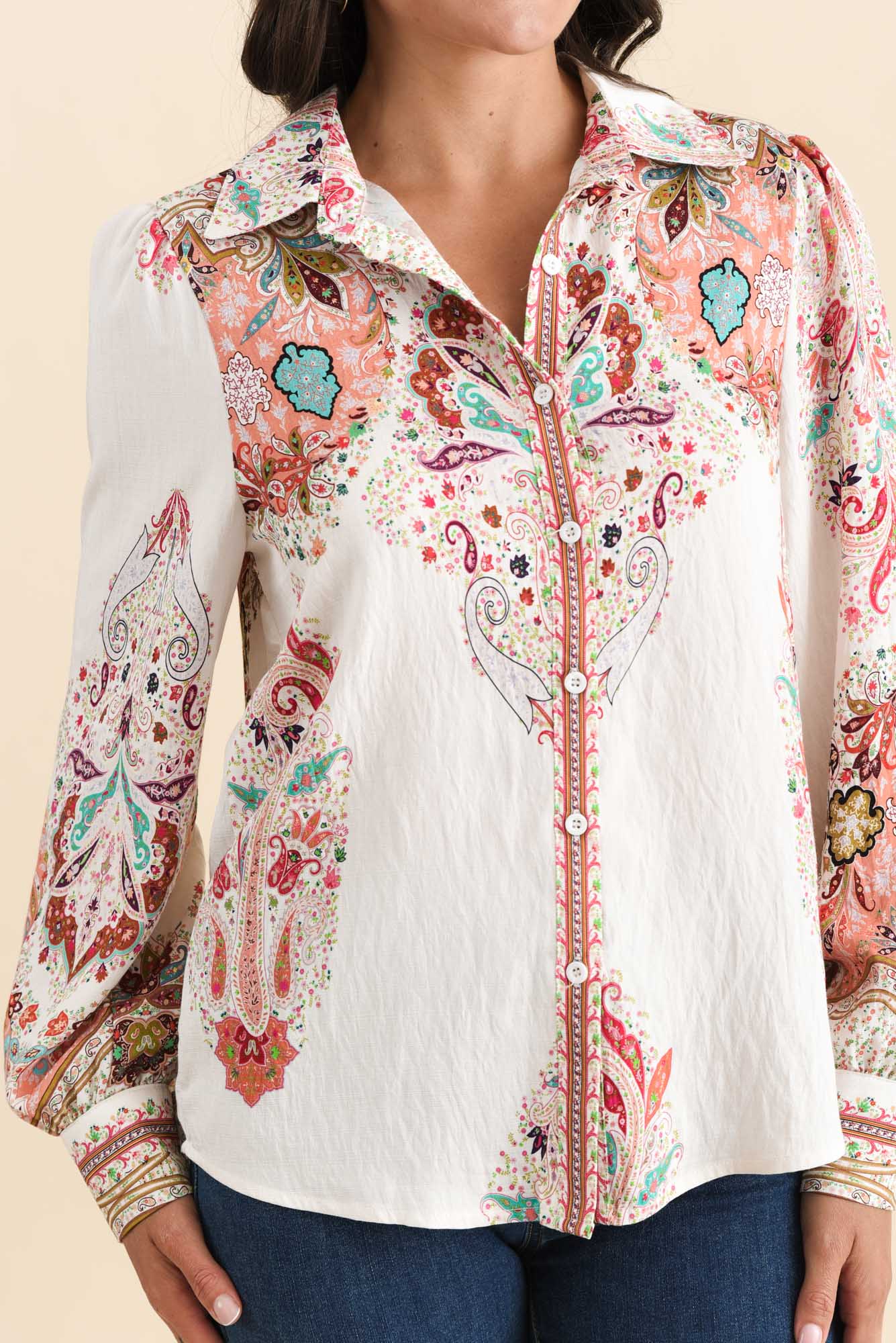 Kiera White Paisley Cotton Linen Shirt - Image 5