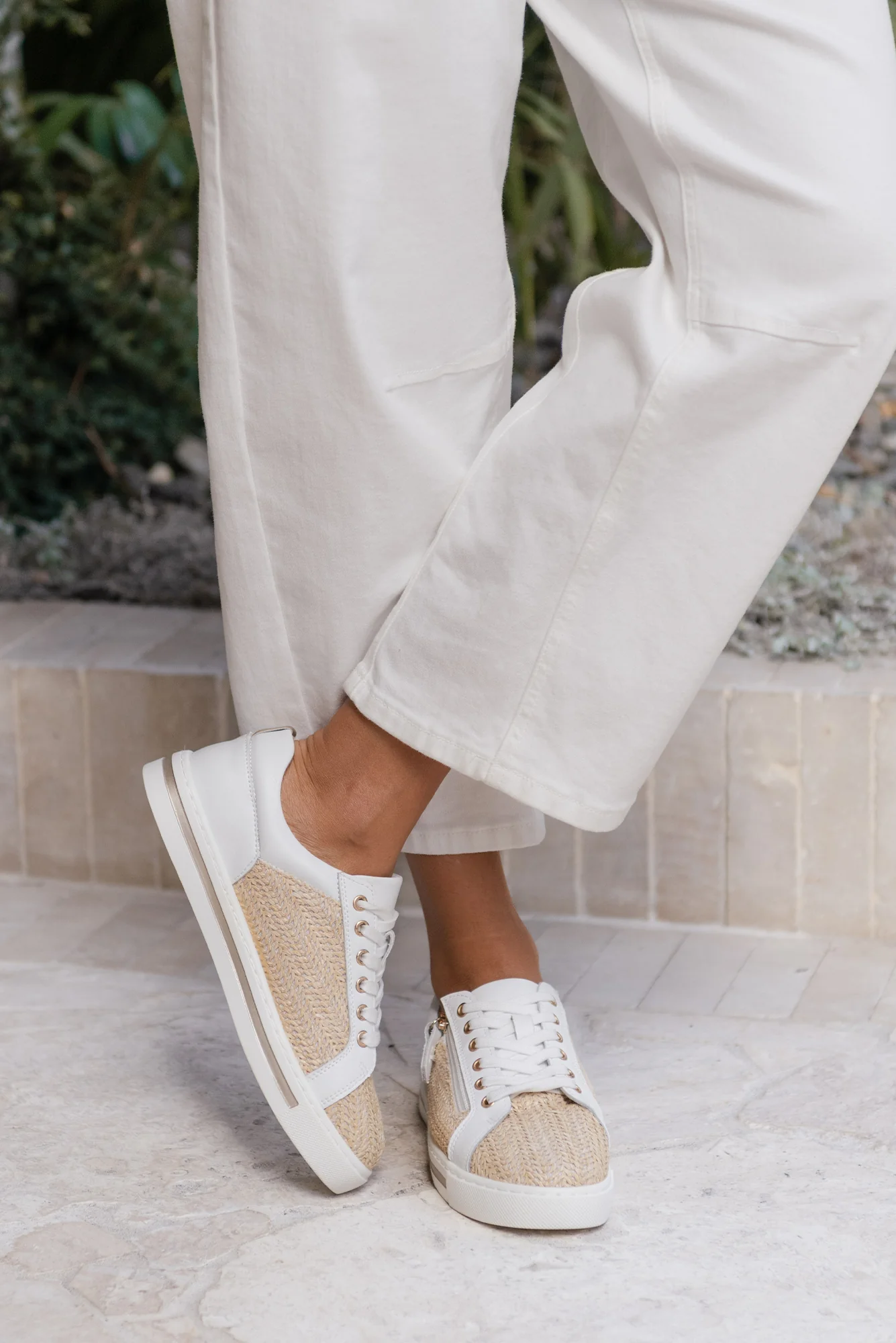 Koko White Raffia Leather Zip Sneaker - Image 2