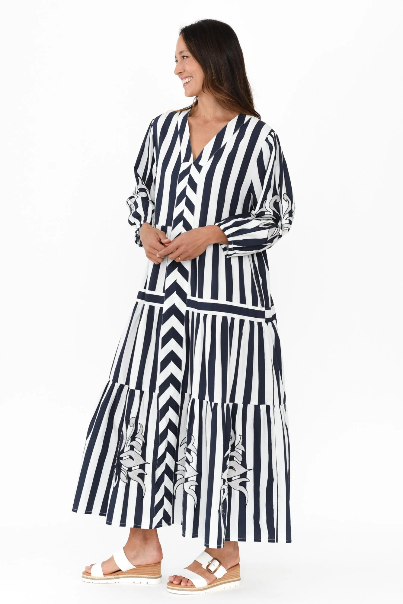 Kora Navy Stripe Cotton Poplin Tie Dress - Image 3