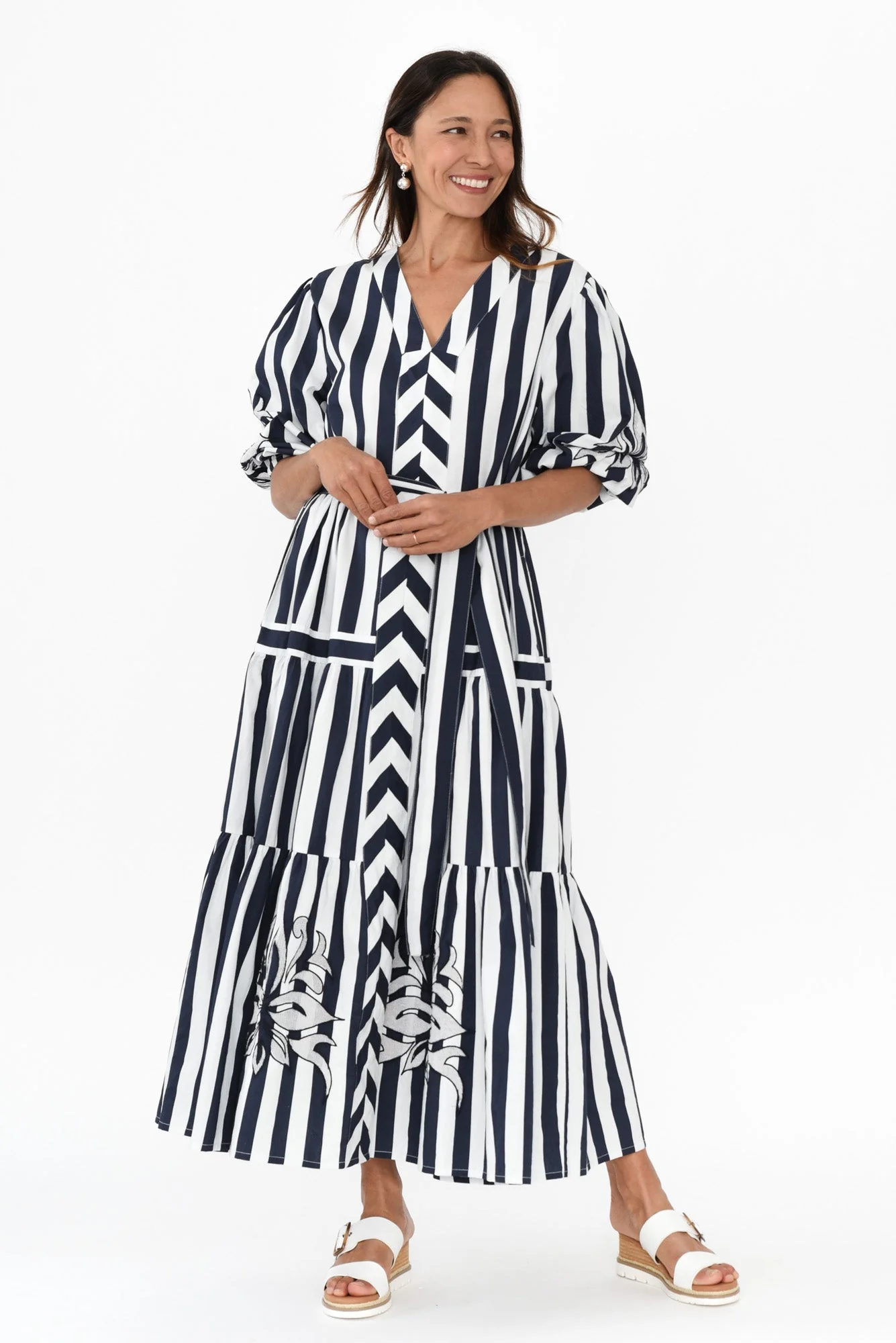 Kora Navy Stripe Cotton Poplin Tie Dress - Image 6