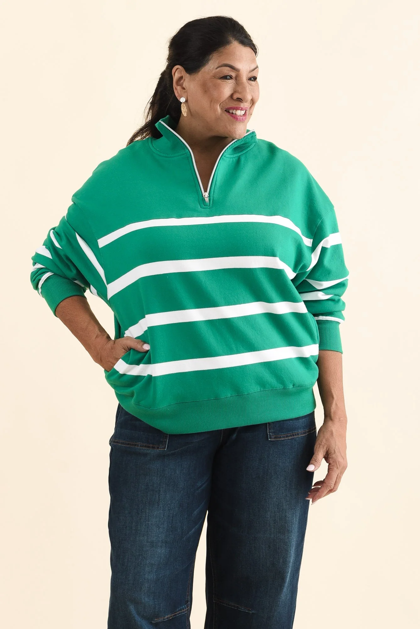 Lane Green Stripe Half Zip Sweatshirt - Image 7