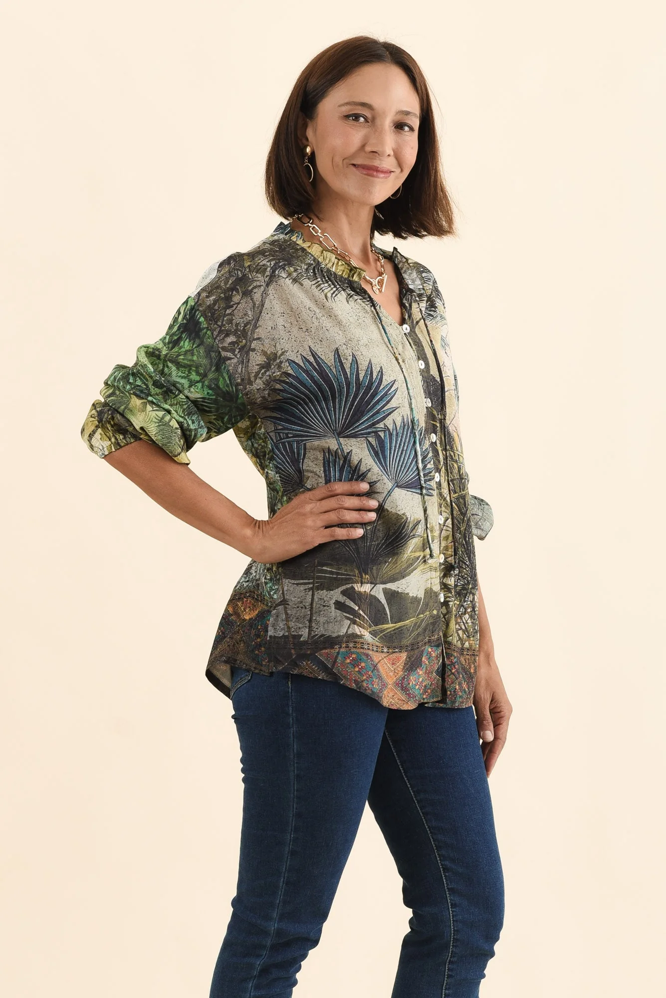 Laria Green Tropical Button Top - Image 4