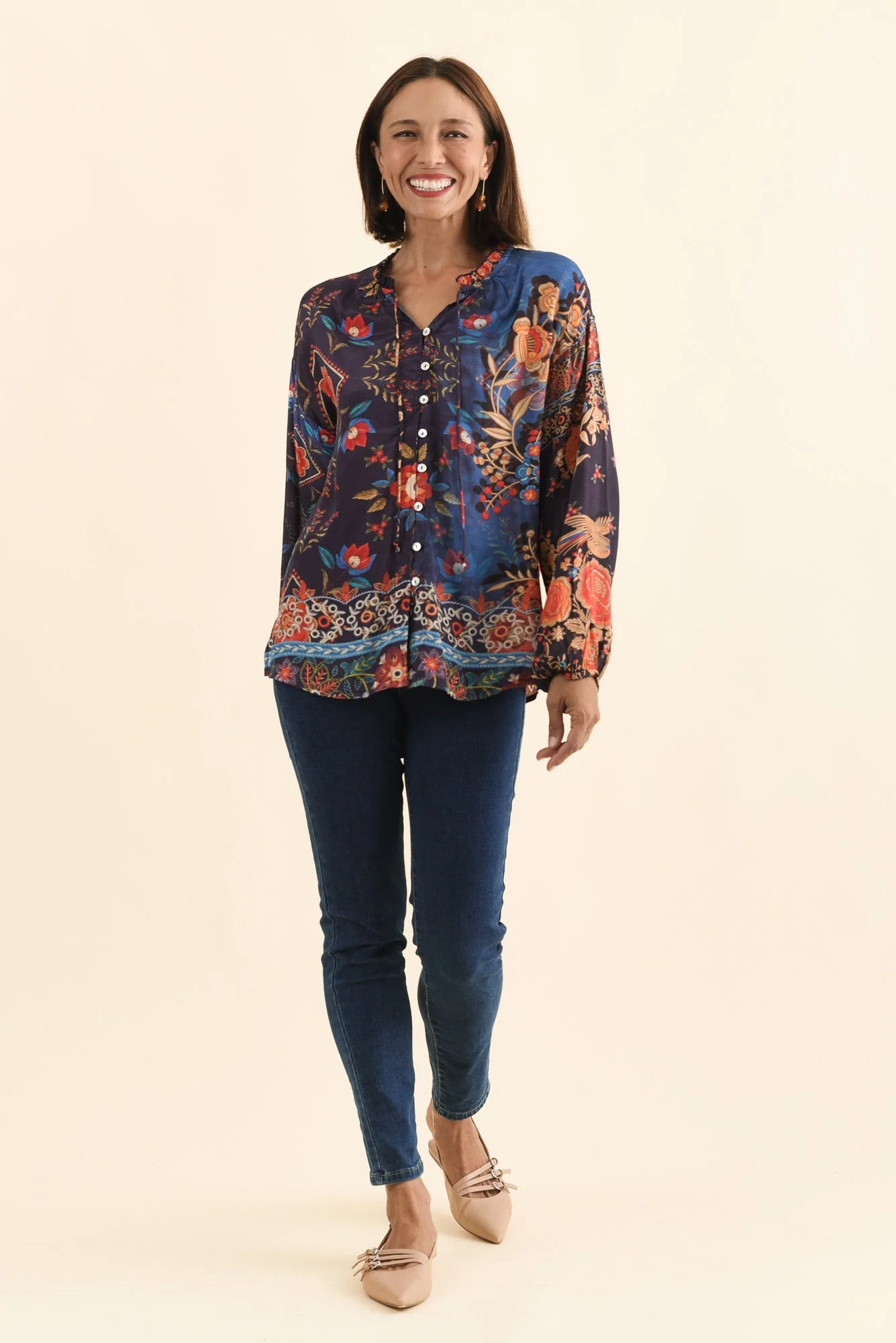 Laria Navy Botanical Button Top - Image 2