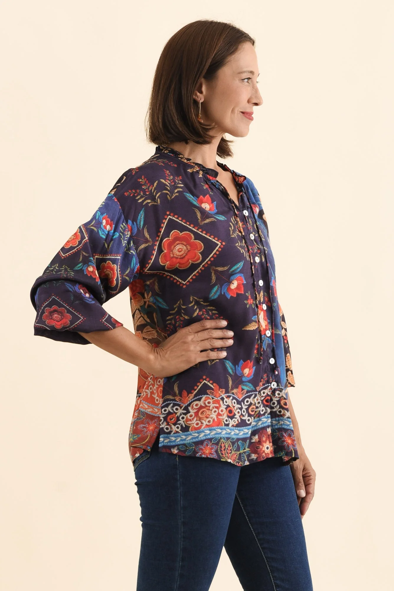 Laria Navy Botanical Button Top - Image 3