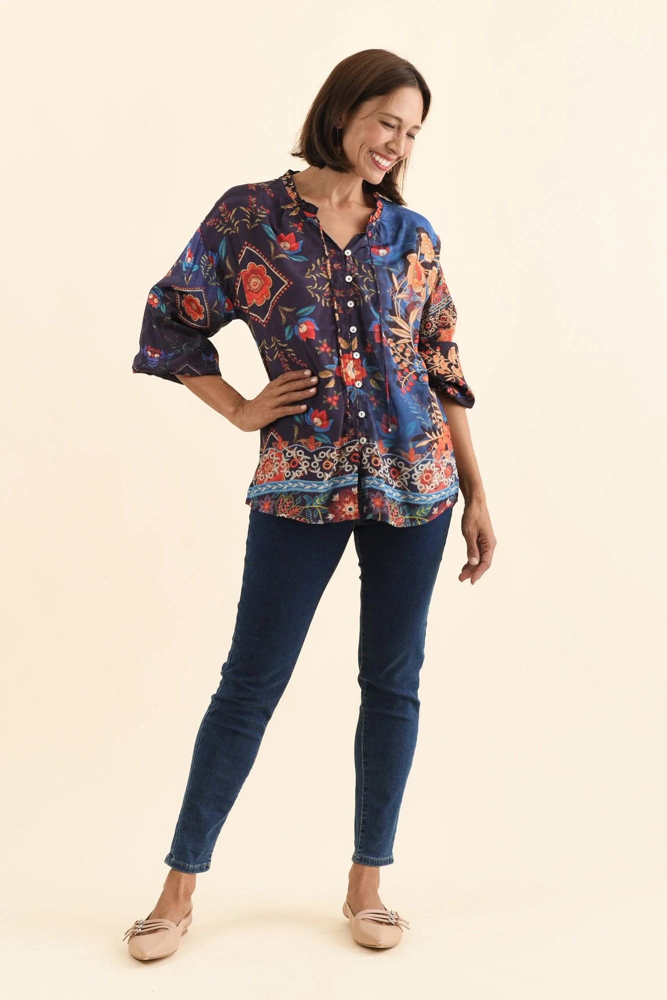 Laria Navy Botanical Button Top - Image 6