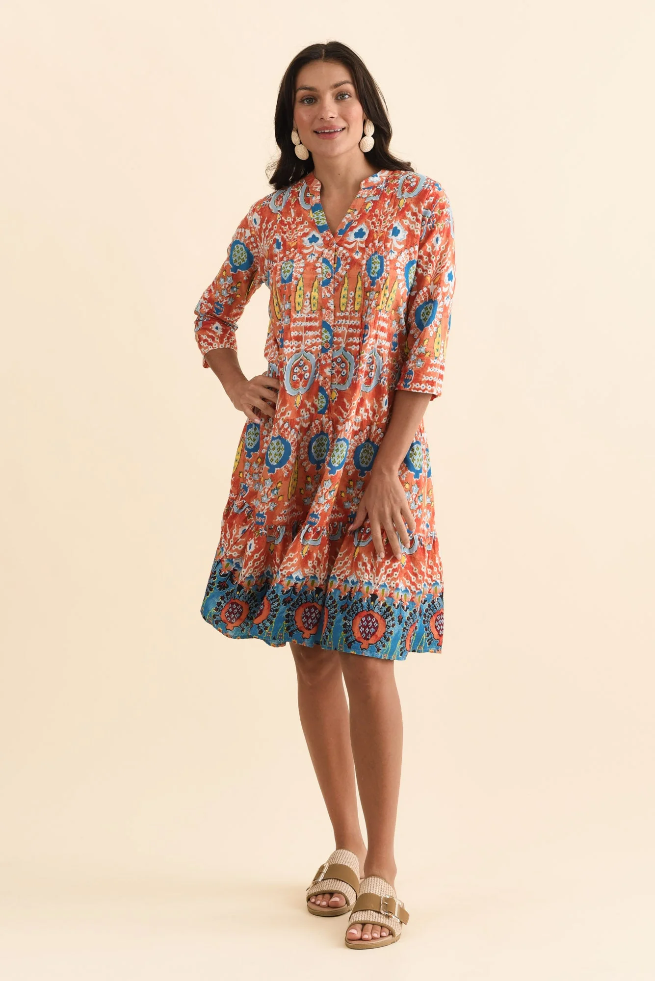 Larissa Orange Motif Cotton Pleated Dress - Image 2