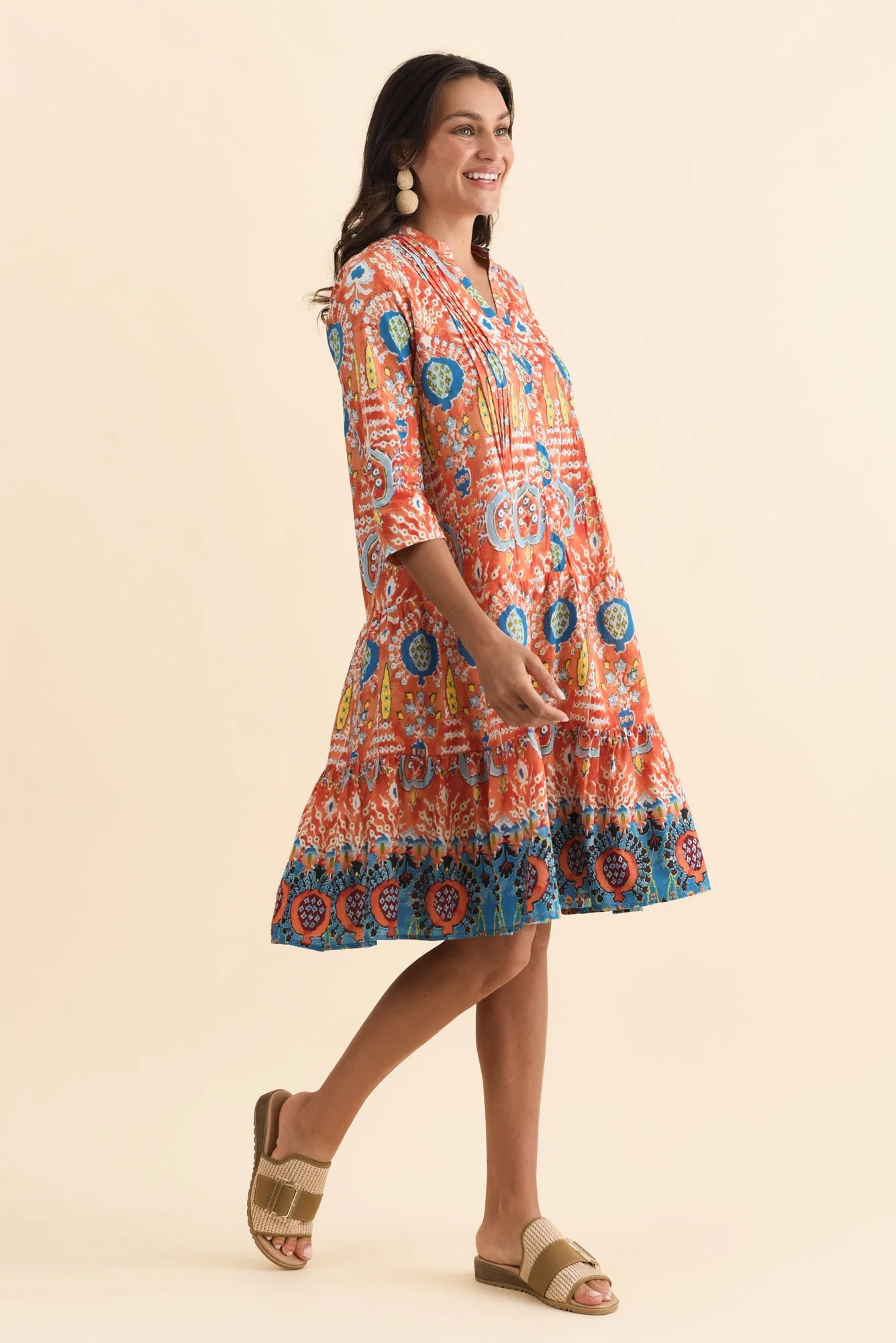 Larissa Orange Motif Cotton Pleated Dress - Image 3
