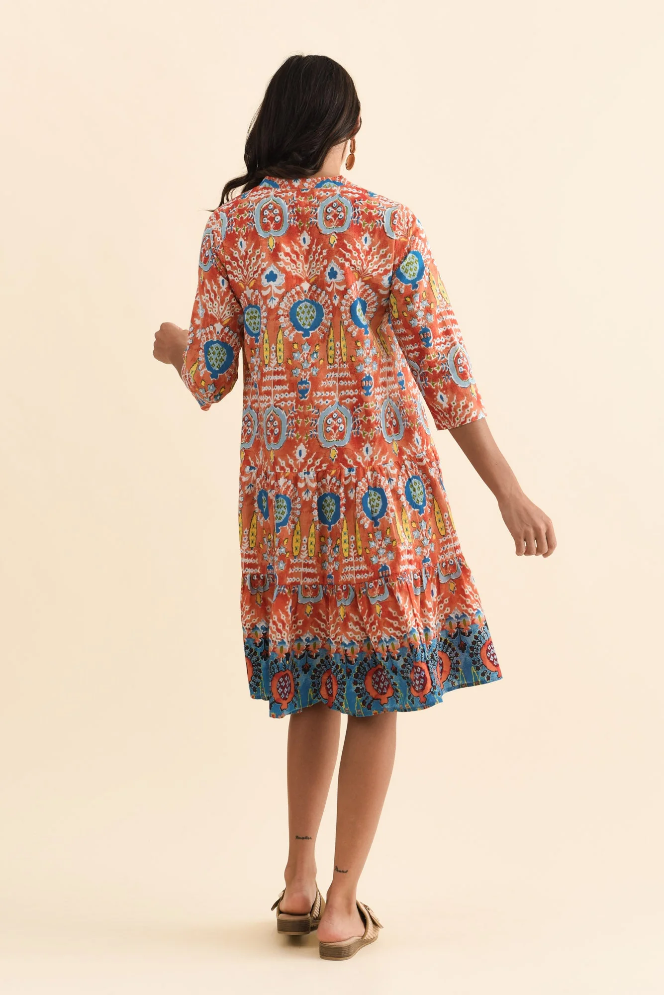 Larissa Orange Motif Cotton Pleated Dress - Image 4