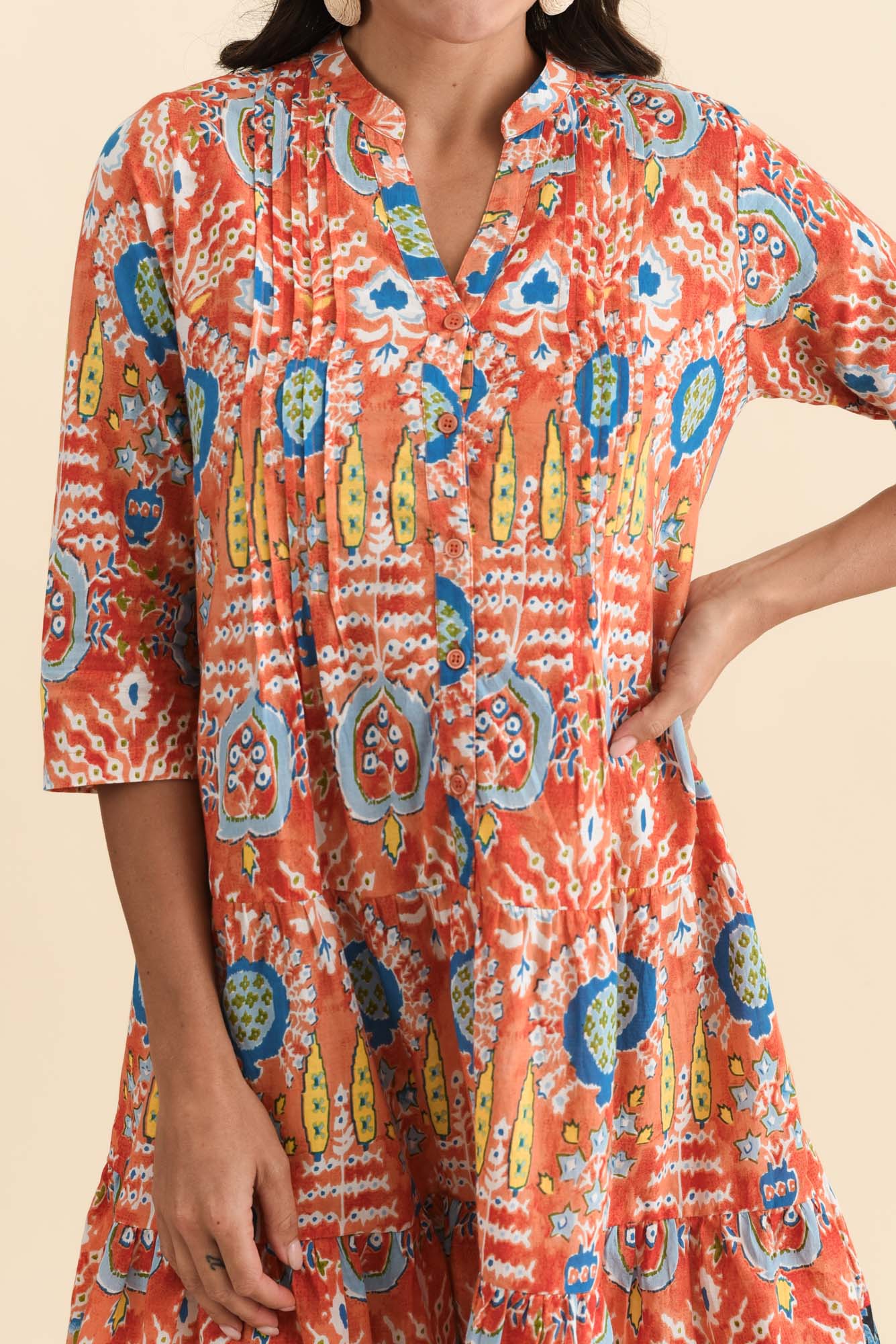 Larissa Orange Motif Cotton Pleated Dress - Image 5